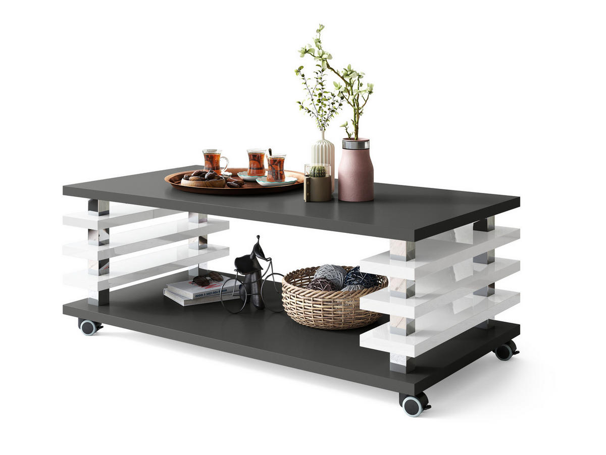 COUCHTISCH rechteckig Anthrazit matt - Weiß Hochglanz Ablage Rollen - Weiß Hochglanz/Anthrazit, Holzwerkstoff (60/120/45cm) - designimpex