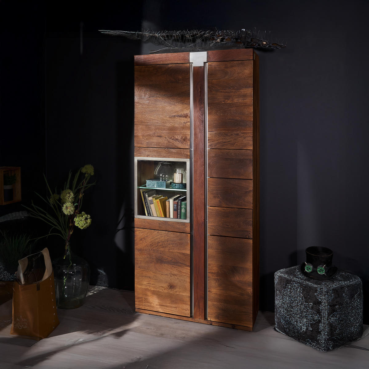 VITRINE Mango 90x45x204 braun lackiert Amsterdam #08 - Braun, Holz (90/204/45cm) - Massivmoebel24
