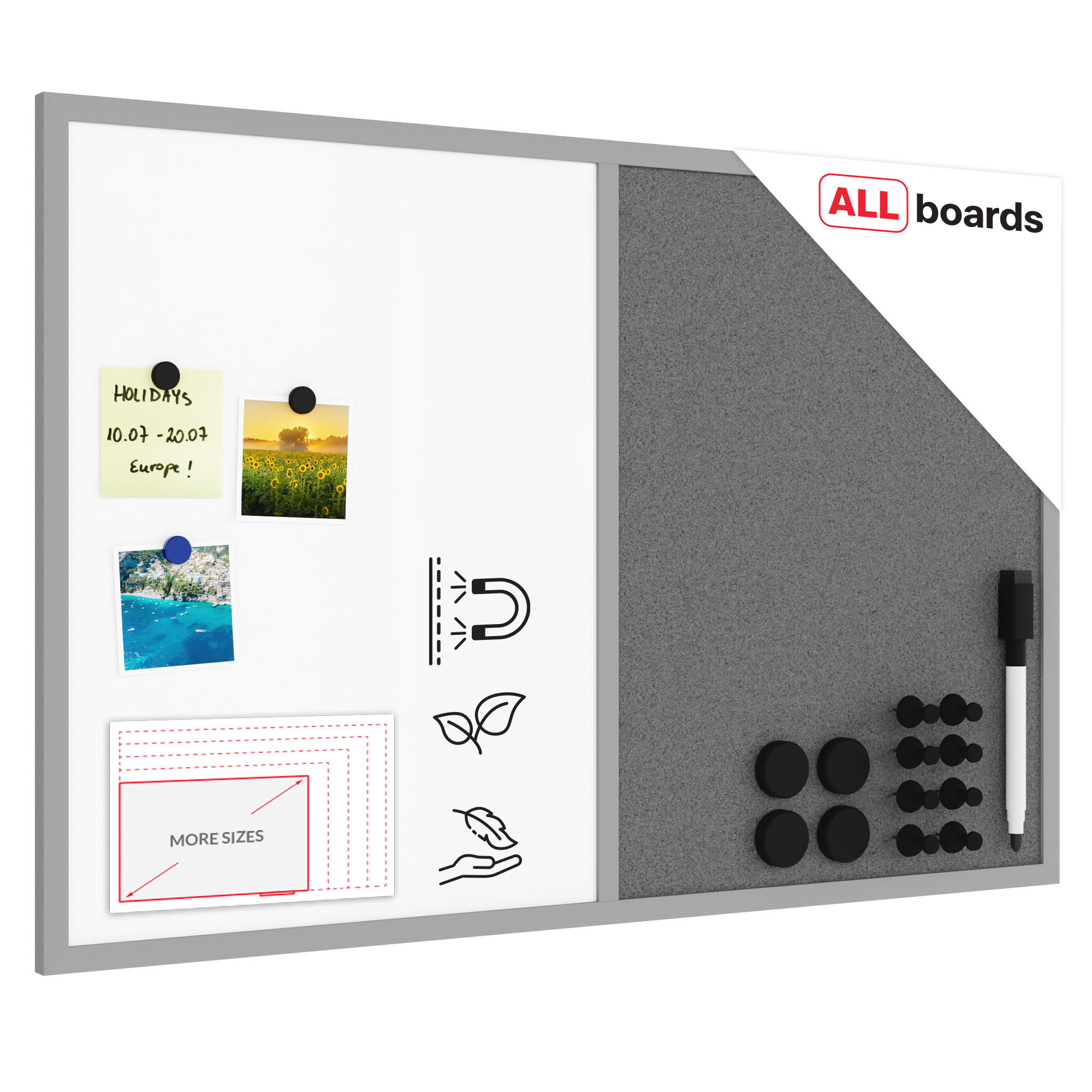 KOMBITAFEL, Kork grau / magnetisch weiß 90x60 - Grau, Holz (90/60/1.5cm) - ALLboards