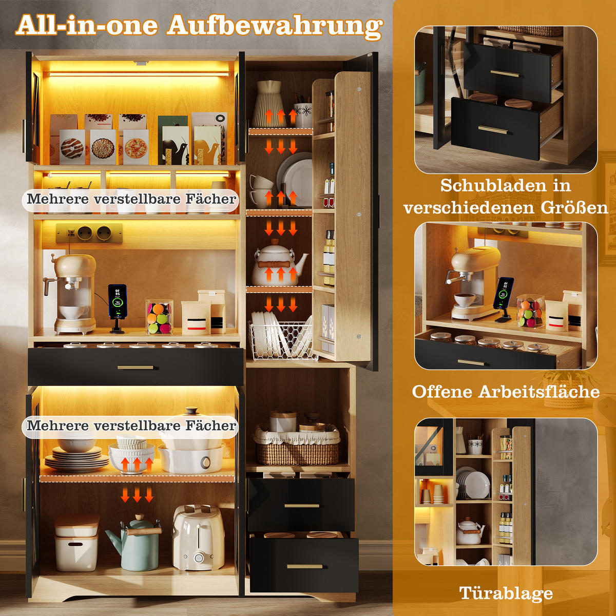 BUFFET 105/39/185 cm Schwarz mit farbwechselnder LED-Beleuchtung und 2 Schublade - Naturfarben, Holz (105/185/40cm) - Oxeza