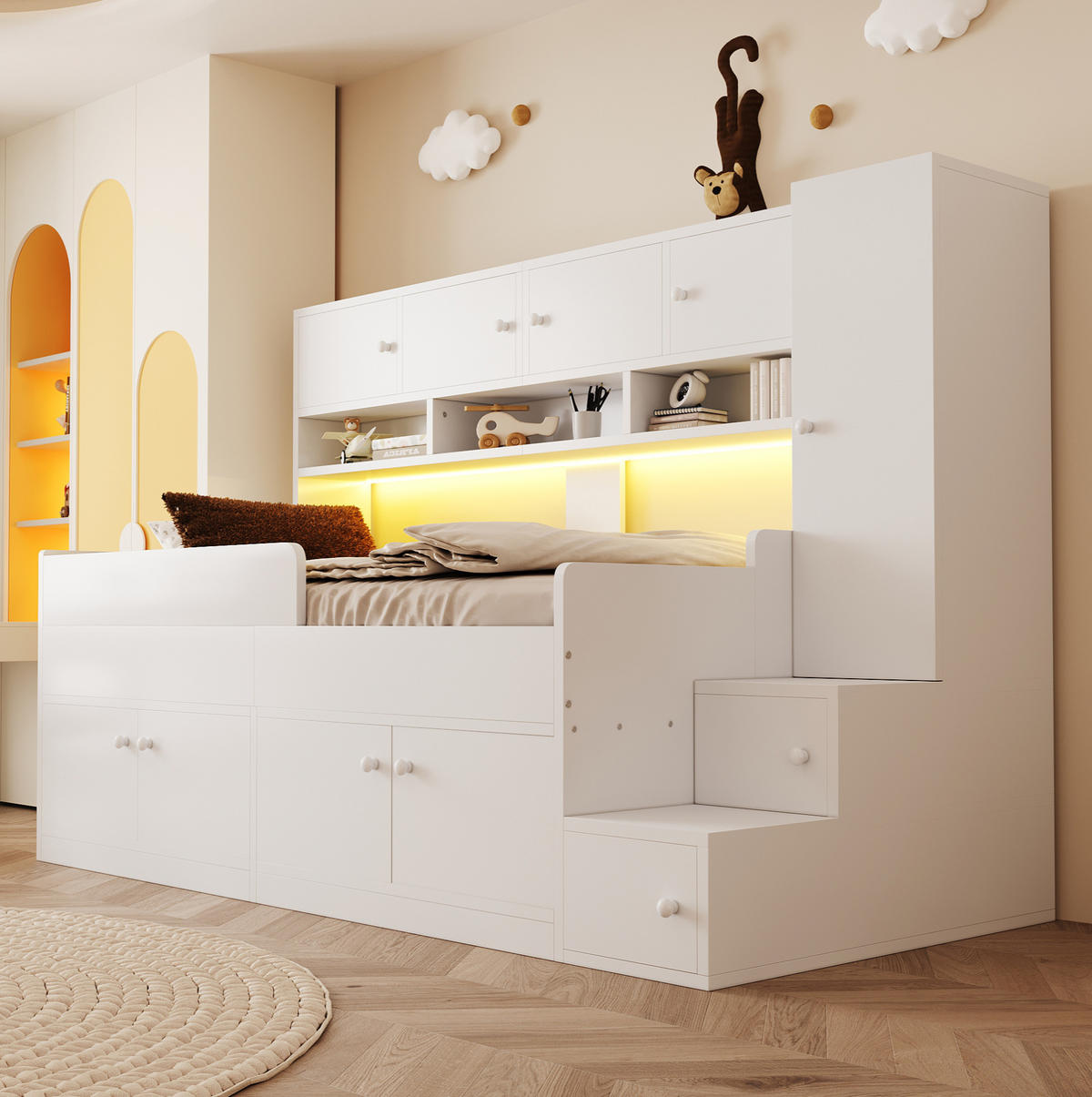 KINDERBETT 90/200 cm weiß aus Holz mit Stauraum, Schrank und LED - Weiß, Holzwerkstoff (90/200cm) - OKWISH