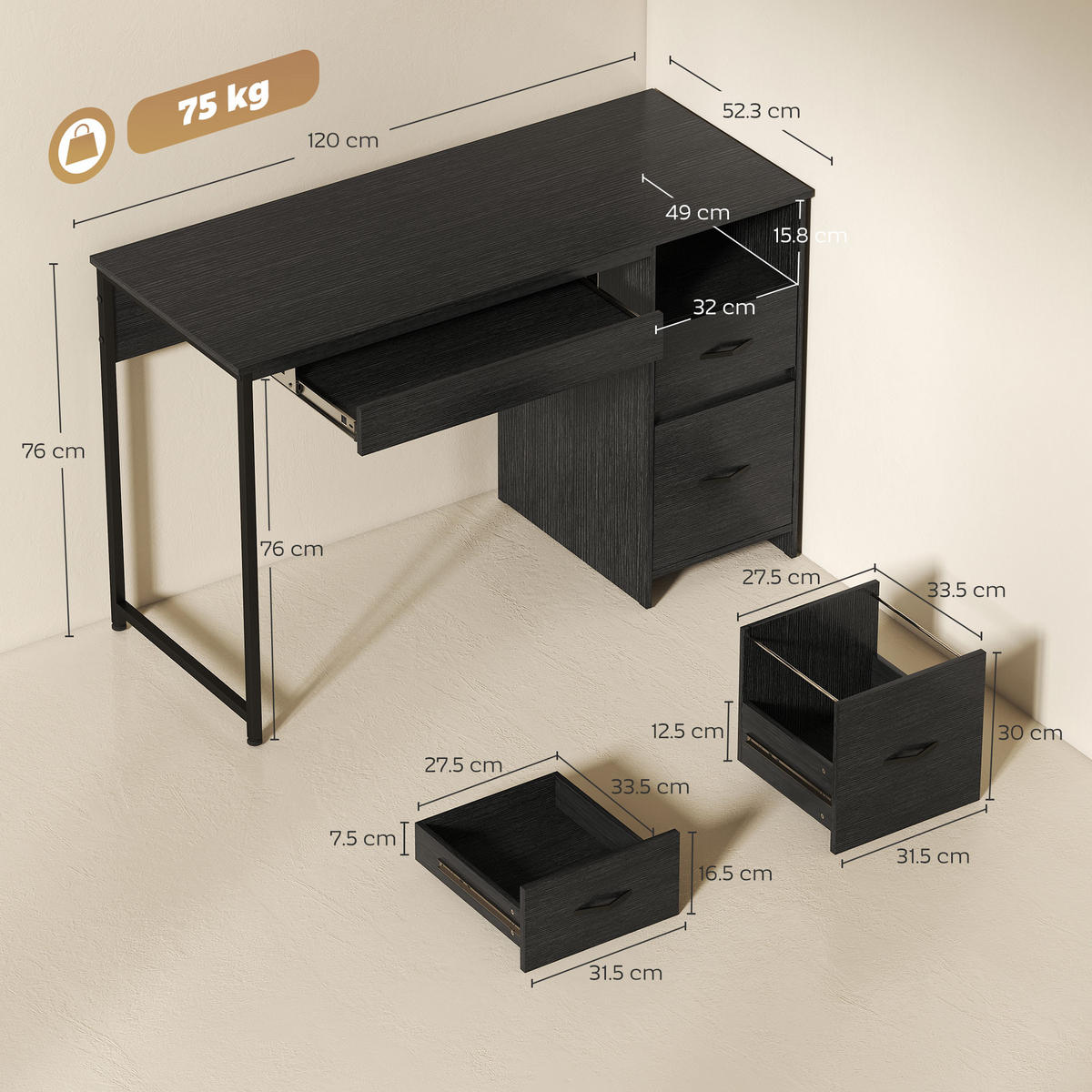 BÜROTISCH Schwarz 1 Stück - Schwarz, Holzwerkstoff (52.3/120/76cm) - GiPP