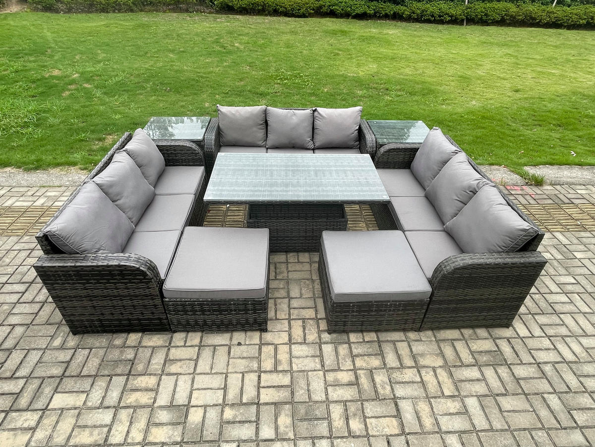GARTENTISCHGRUPPE Polyrattan 11-Sitzer - Dunkelgrau/Grau, Glas/Kunststoff - Fimous