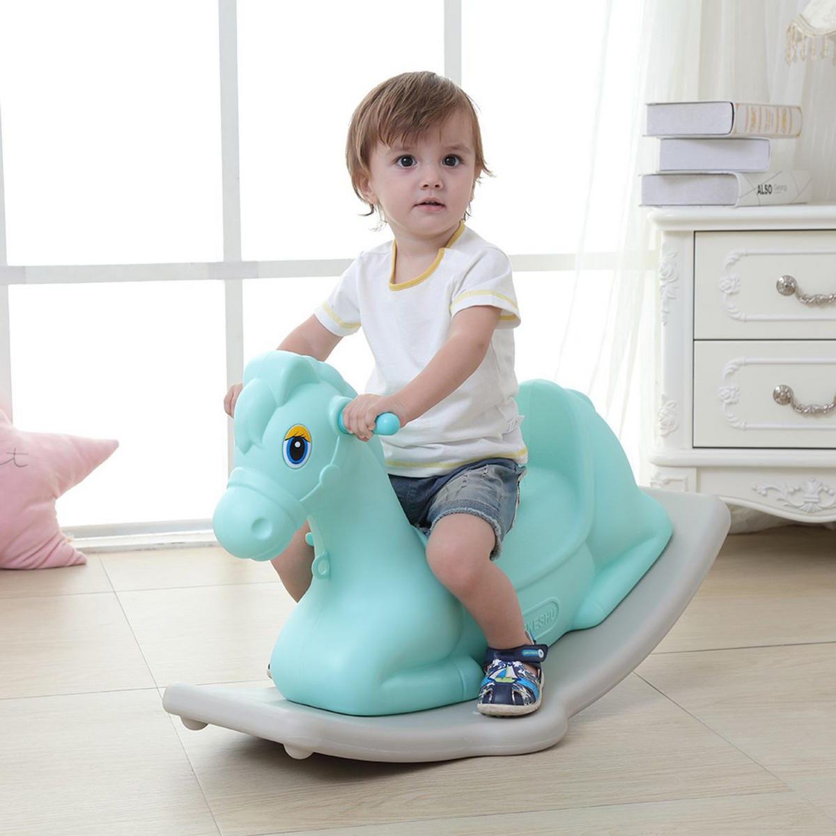 SCHAUKELPFERD Napoleon 18101 blau Kunststoff, breiter ergonomischer Sitz, bis 40 kg, ab 1 Jahr - Grau, Kunststoff (39/50/79cm) - Moni
