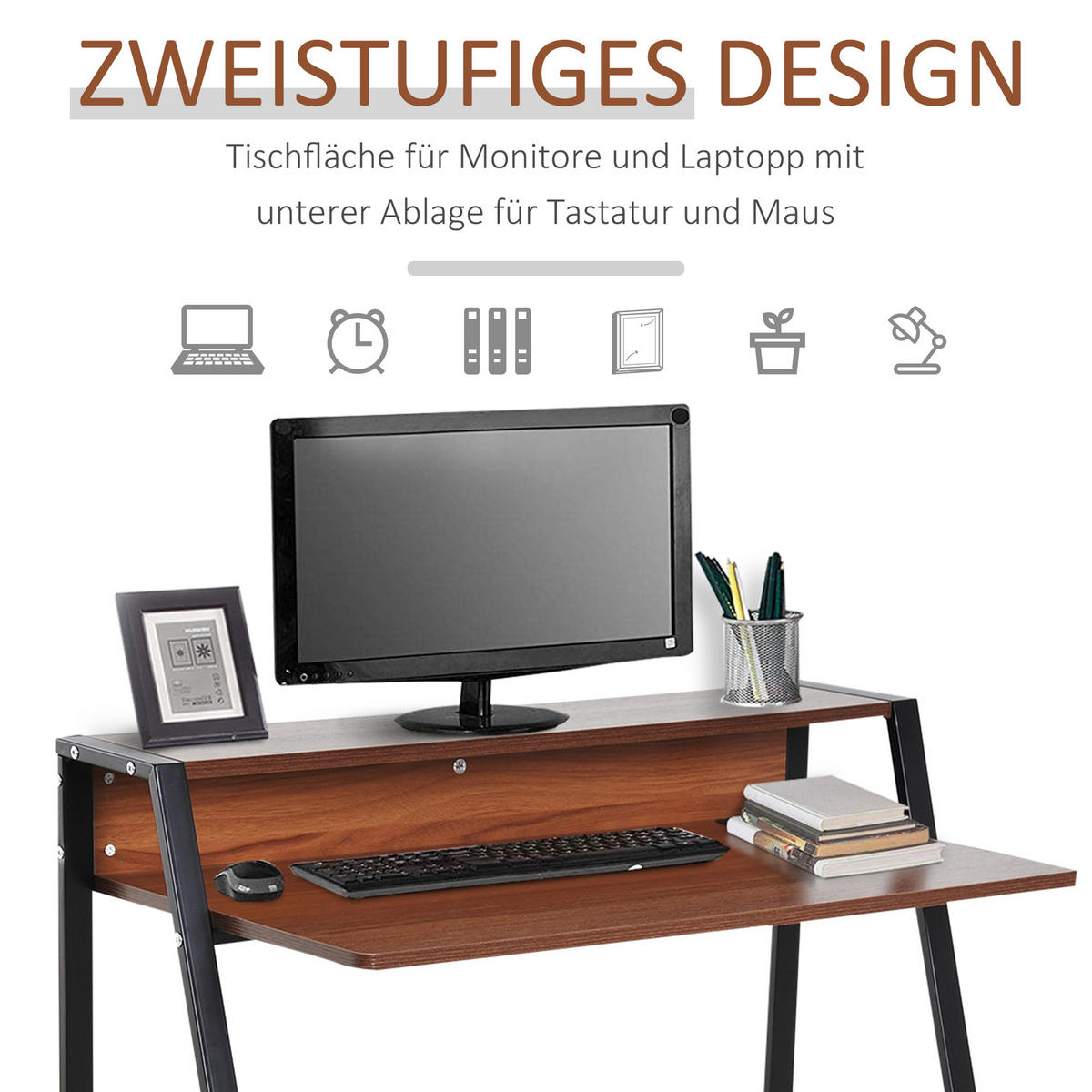 SCHREIBTISCH, MDF, Eisen Walnuss+Schwarz - Walnussfarben, Kunststoff (84/45/85cm) - HOMCOM