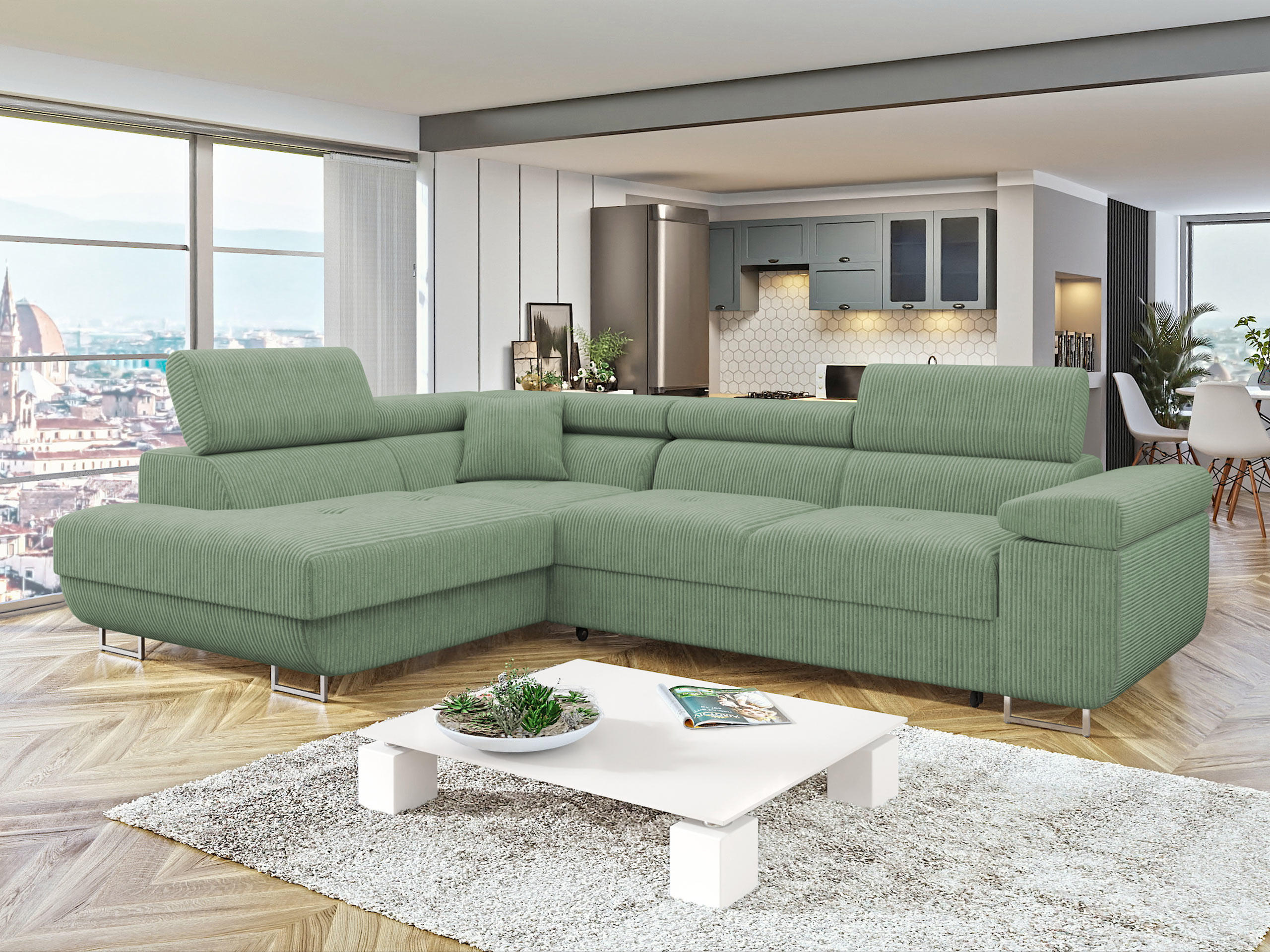 ECKSOFA Torezio Cord, Seite: Links - Grün, Holz/Textil (274/203cm) - MIRJAN24