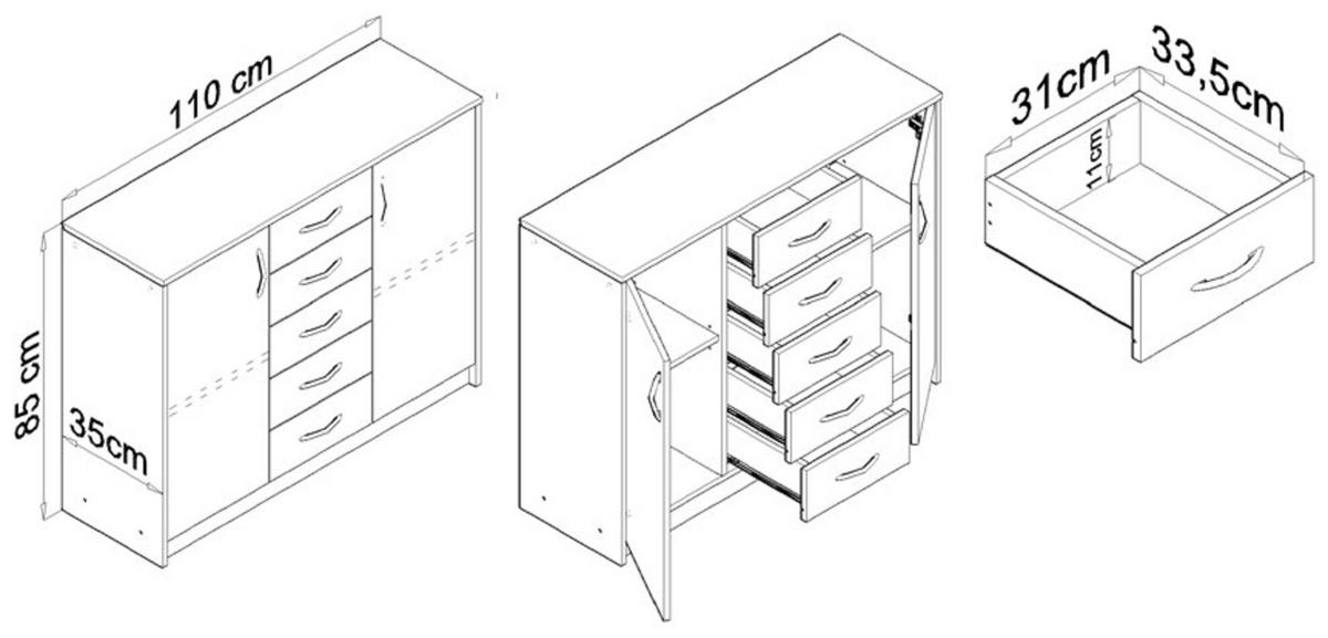 KOMMODE 2D5S Anthrazit-Wotan Eiche 110/35/85 cm moderne Optik - Anthrazit/Eiche Wotan, Holzwerkstoff (110/85/35cm) - Matkam Möbel