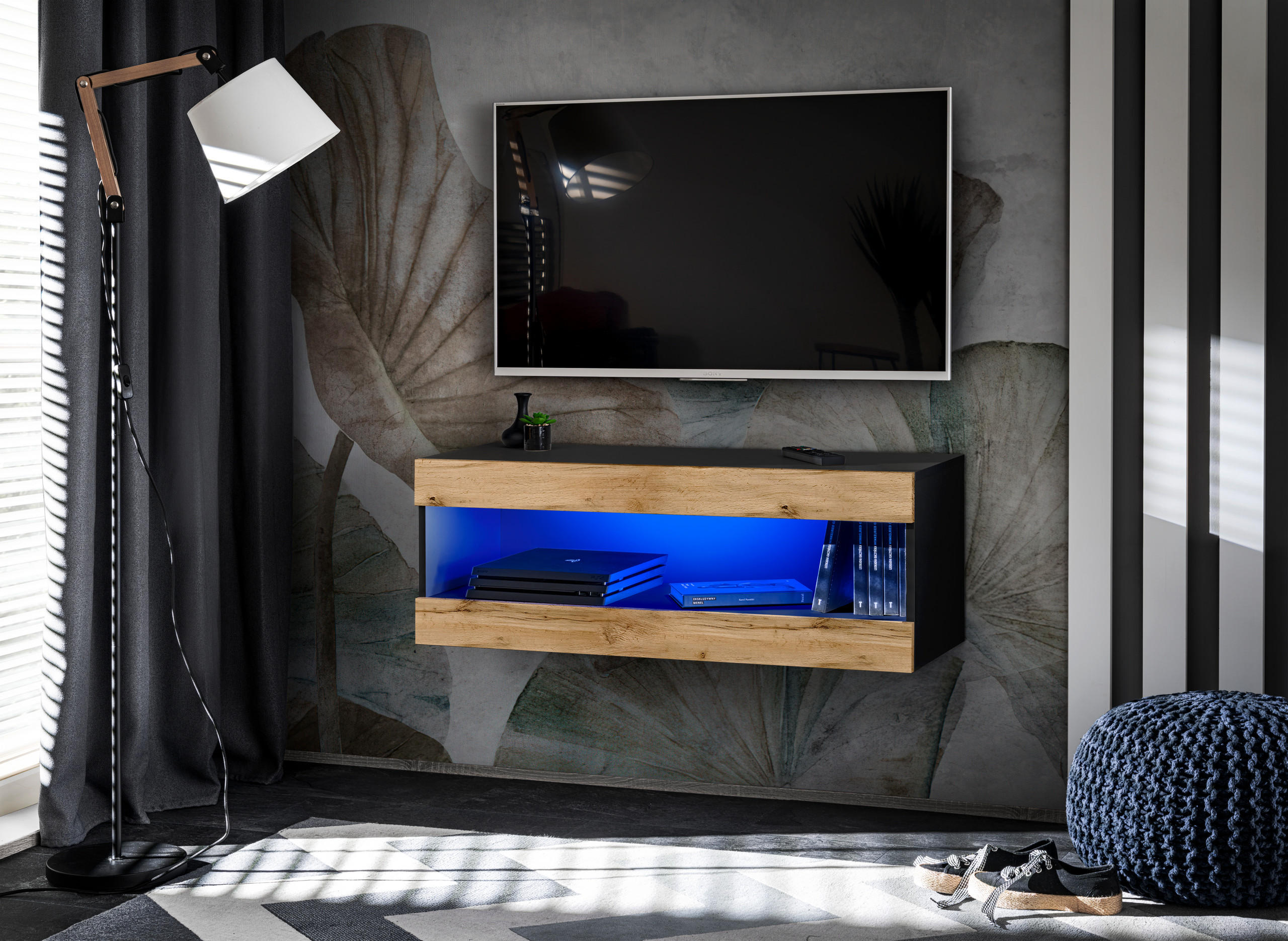 TV-ELEMENT TIVOLI RTV2-BLACK/WOTAN+BLU Offener Raum Schwarz Wotan - Eiche Wotan/Schwarz, Holzwerkstoff/Kunststoff (100/36/35cm) - Komodee