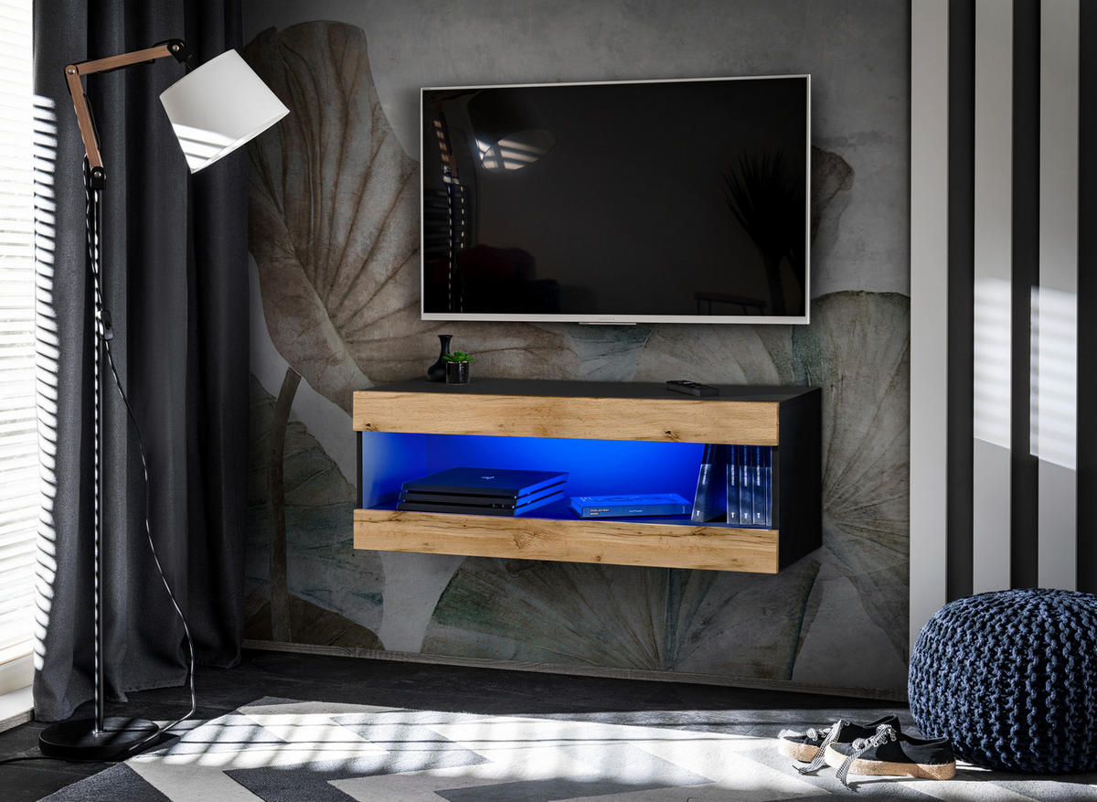 TV-ELEMENT TIVOLI RTV2-BLACK/WOTAN+BLU Offener Raum Schwarz Wotan - Eiche Wotan/Schwarz, Holzwerkstoff/Kunststoff (100/36/35cm) - Komodee