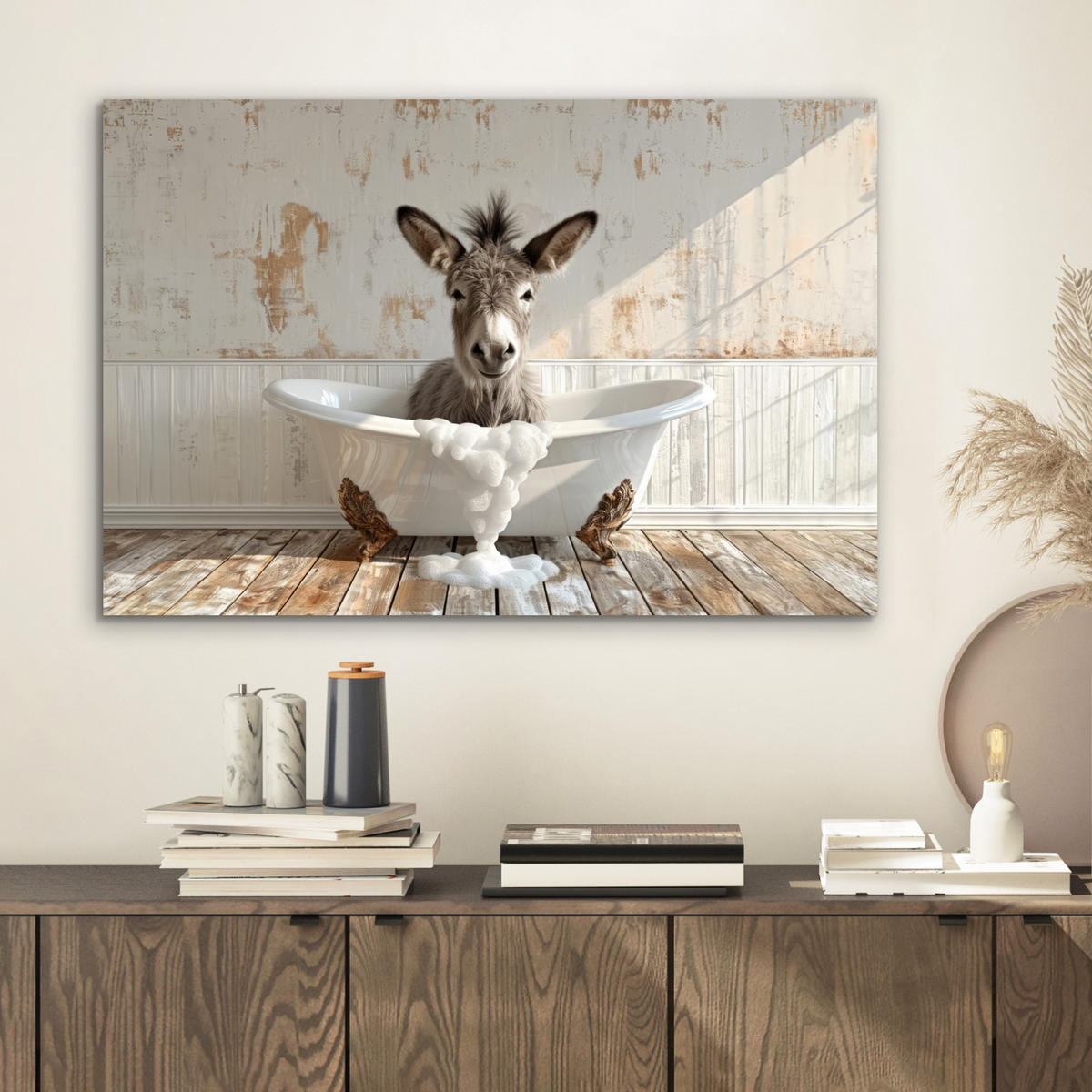 METALLBILD Esel - Tiere - Badewanne - Schaumstoff 60x40 cm - Weiß, Metall (60/40cm) - MuchoWow