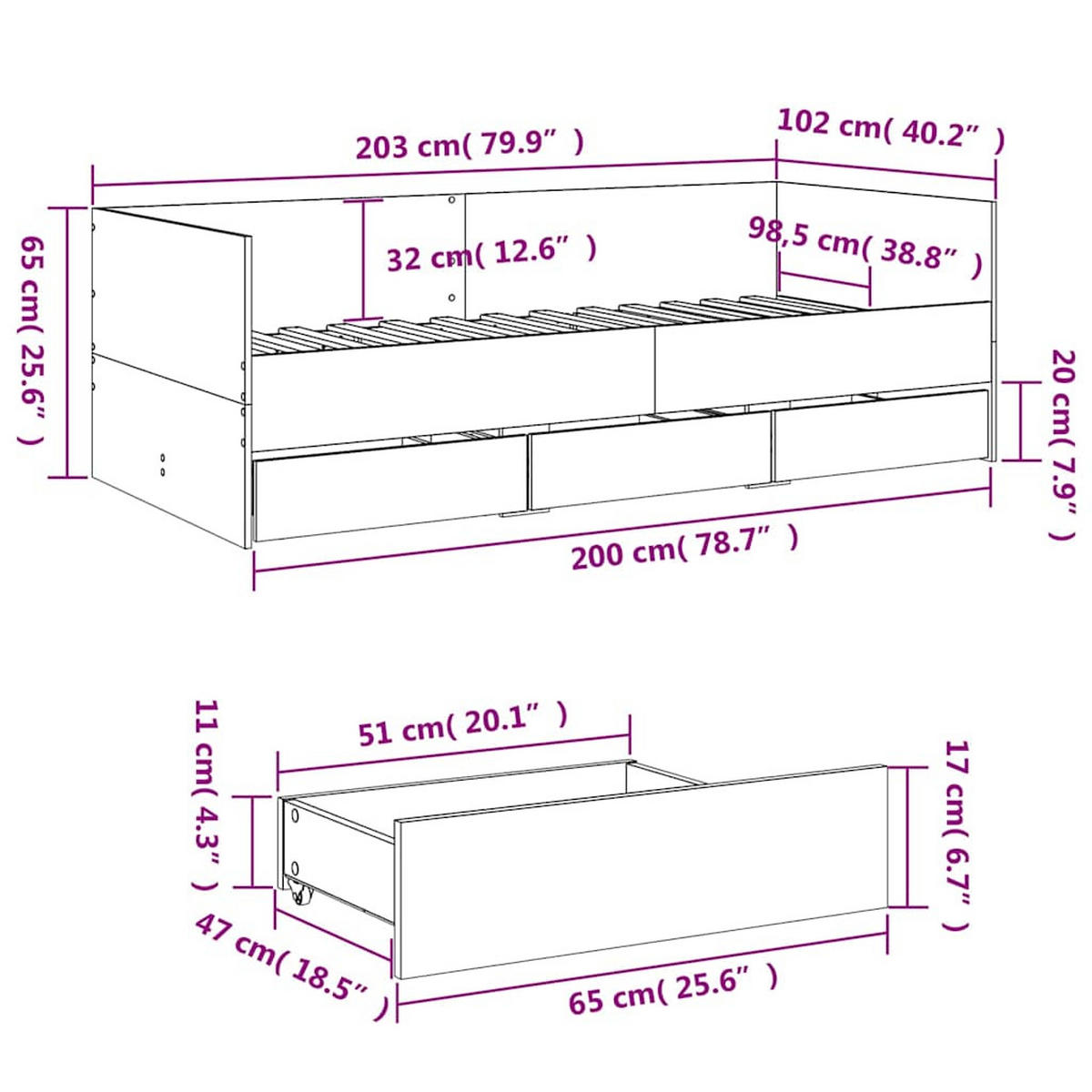 TAGESBETT Mit Schubladen Ohne Matratze Weiss 100/200 Cm - Weiß, Holzwerkstoff (100/200cm) - vidaXL