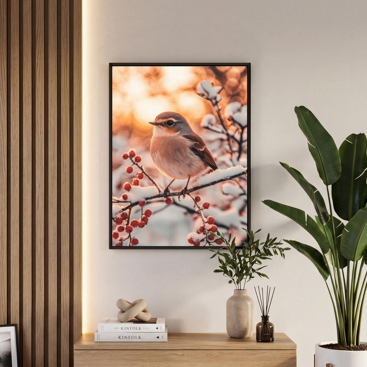LEINWAND Bilder mit Rahmen - Vogel - Zweig - Winter - Tiere - Schnee - 60x80 - Bernsteinfarben, Textil (60/80cm) - MuchoWow