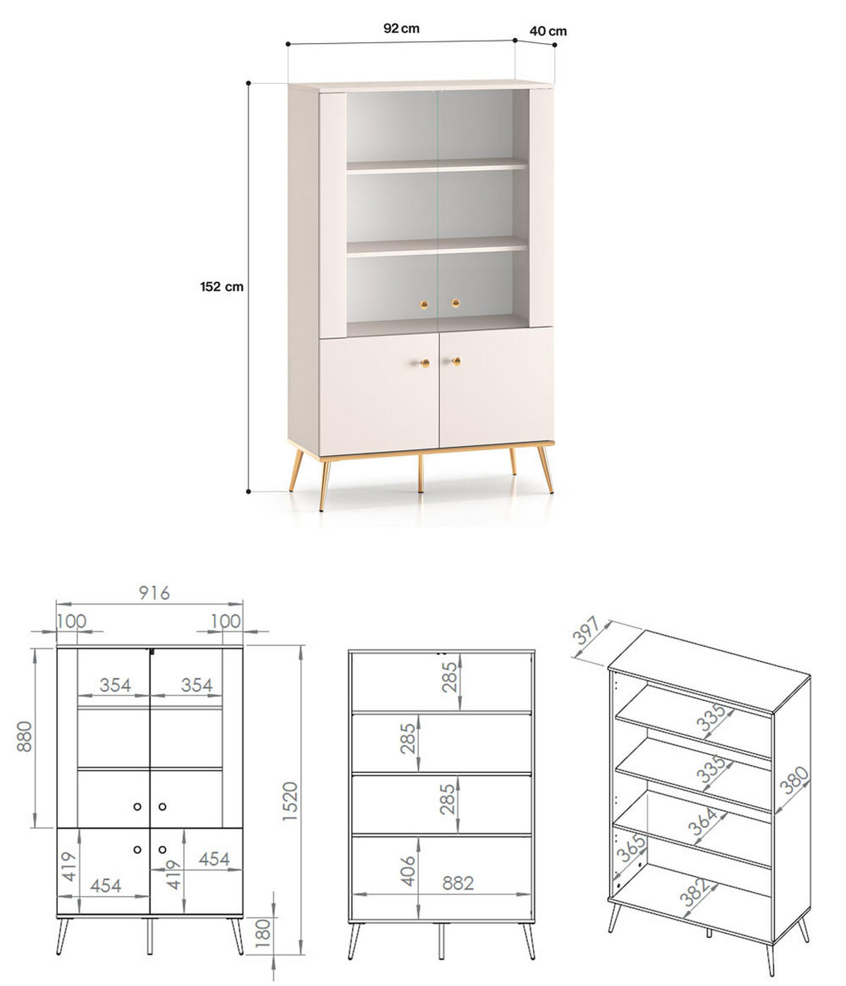 VITRINE Selgin Kaschmir / Gold 92 / 40 / 152cm ohne Beleuchtung - Kaschmir/Goldfarben, Holz/Holzwerkstoff (92/40/152cm) - Feldmann-Wohnen