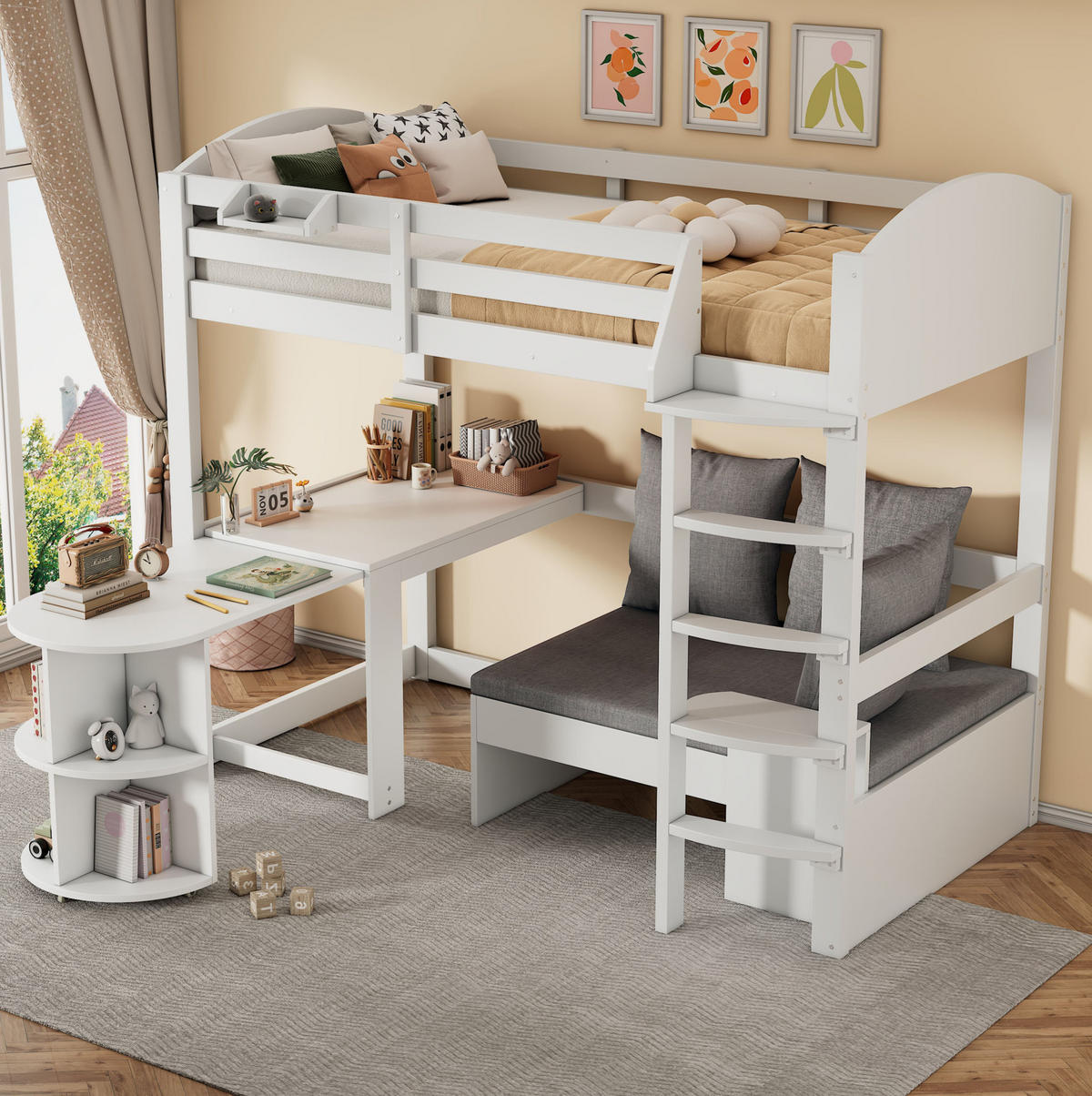 HOCHBETT 90/200 cm aus Massivholz mit Sofa und ausziehbarem Schreibtisch - Weiß, Holzwerkstoff (90/200cm) - Flora Grace