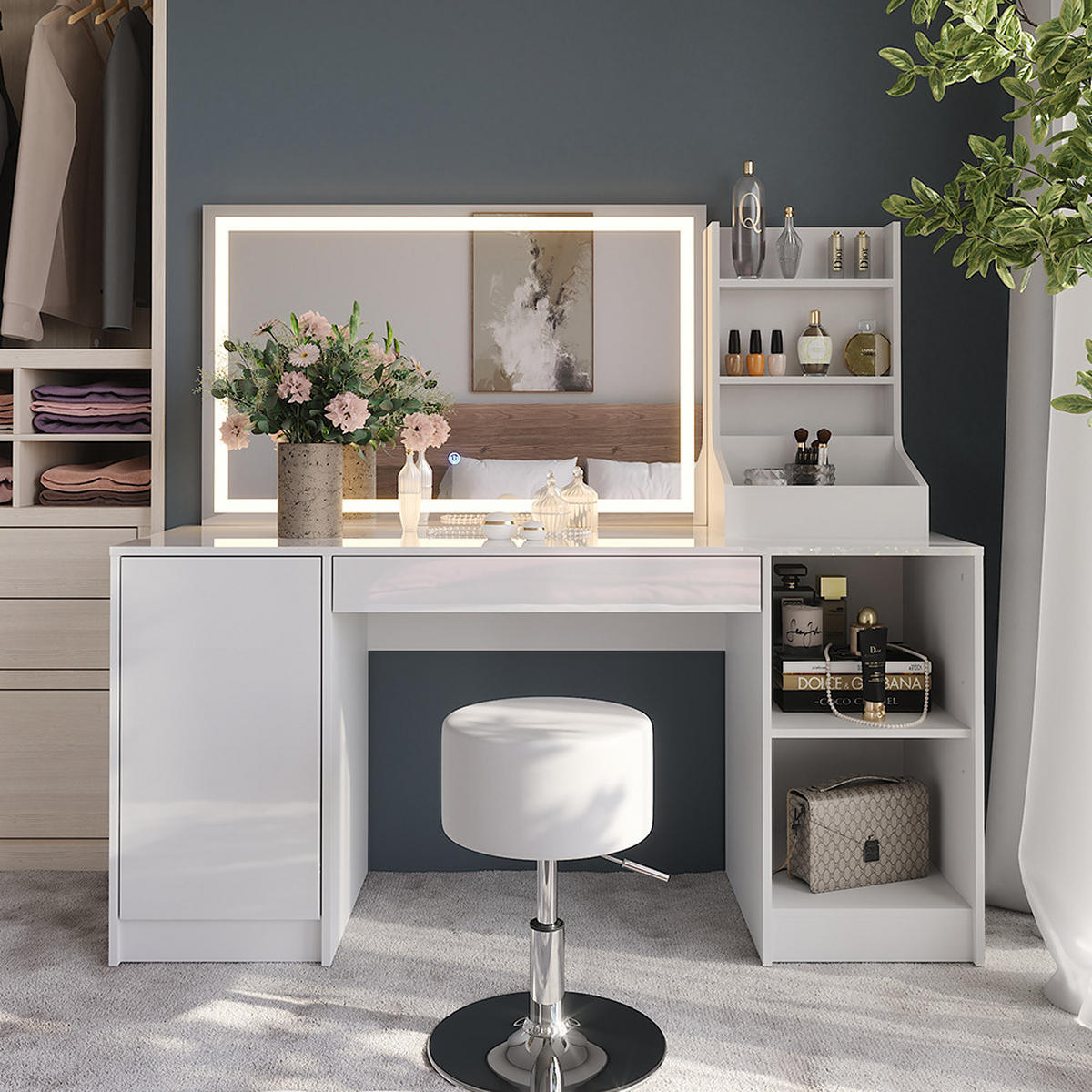 SCHMINKTISCH Sherry Weiß/Weiß Hochglanz 158.2 cm 4 Teile - Weiß Hochglanz, Holzwerkstoff (158.2/76/50.1cm) - Vicco