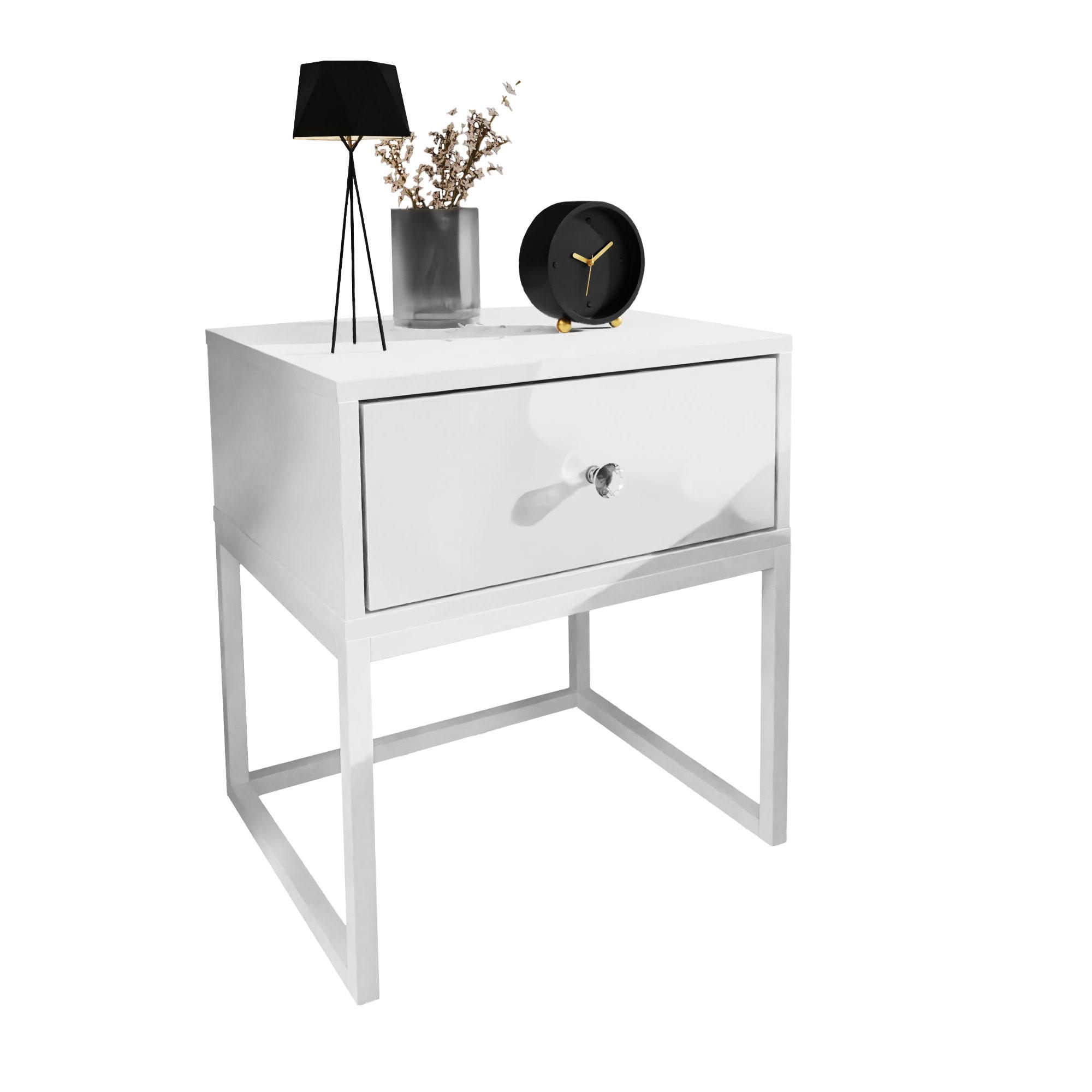 NACHTTISCH BLANCO LOFT Weiß Hochglanz auf weißem Gestell Kristallgriff - Weiß Hochglanz, Holzwerkstoff (45/53/37cm) - Lookway