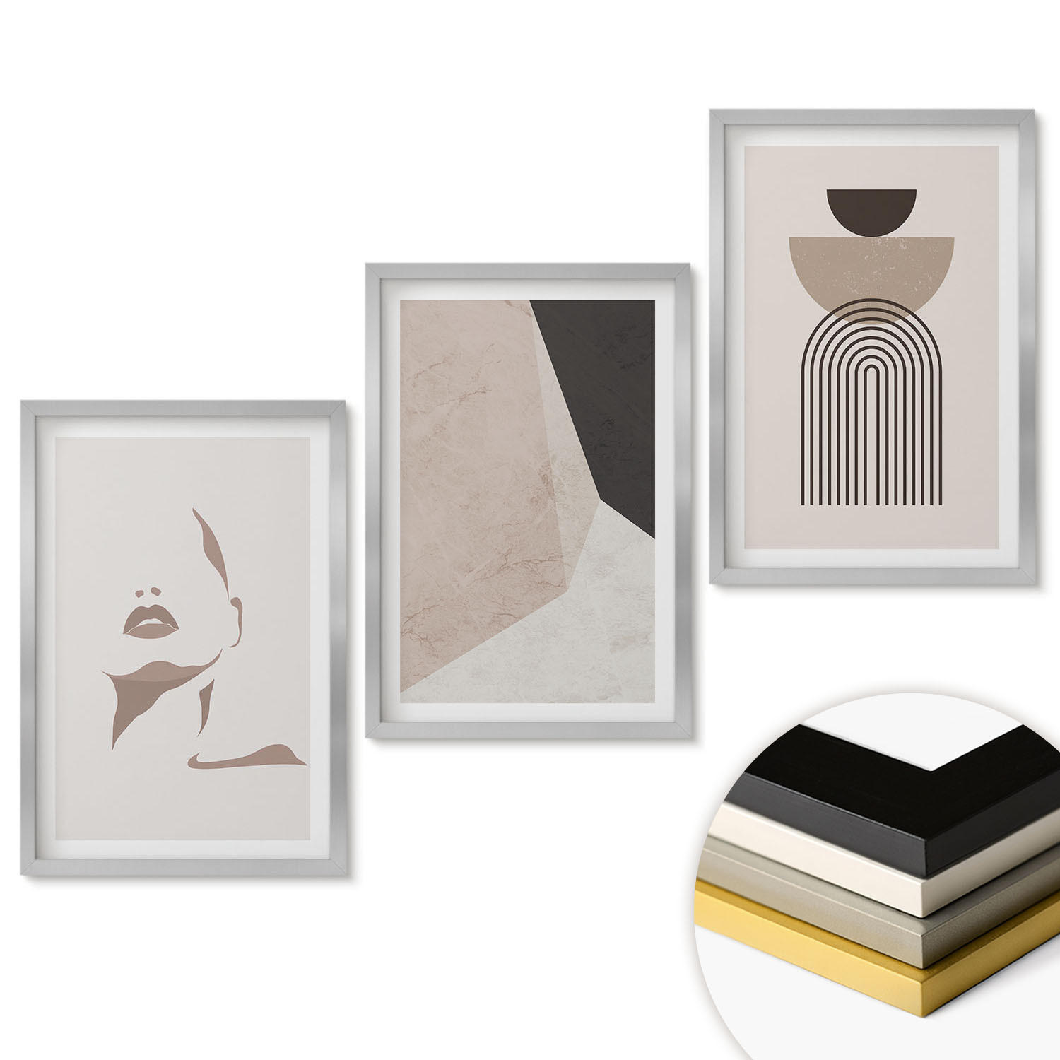 WANDBILDER 3er Set - 40x60 cm Silberner Rahmen - Abstrakte Gesichtsformen - Silberfarben, Kunststoff (40/60cm) - ArtPrintCave