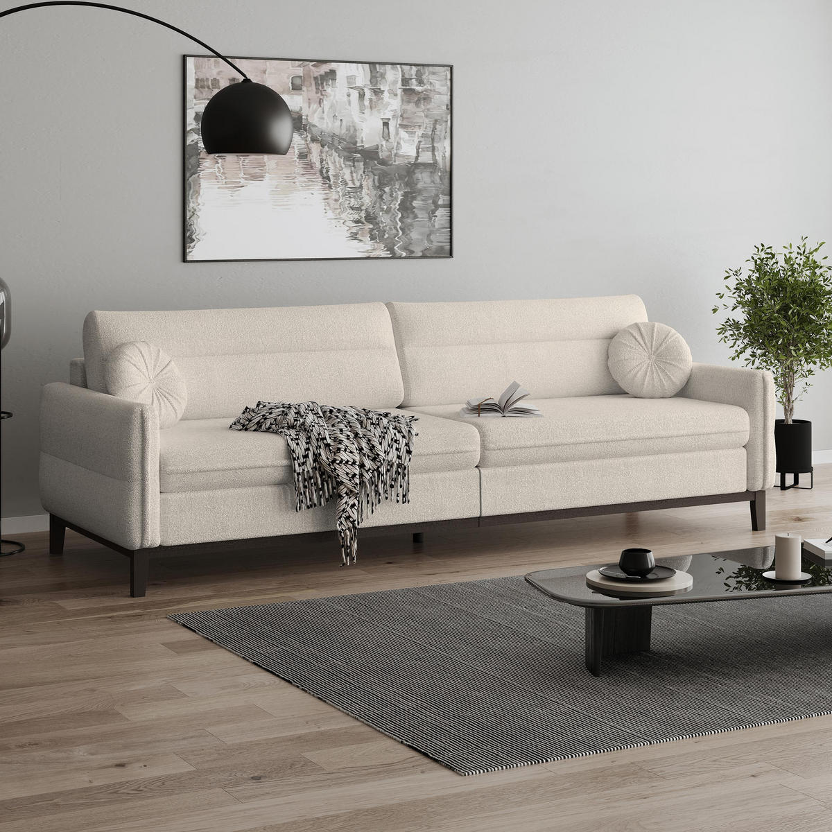 SITZGARNITUR Belweder, zwei Sofas+Sessel, Beige, Bouclé - Wengefarben/Beige, Holz/Textil (268/95/94cm) - Beautysofa