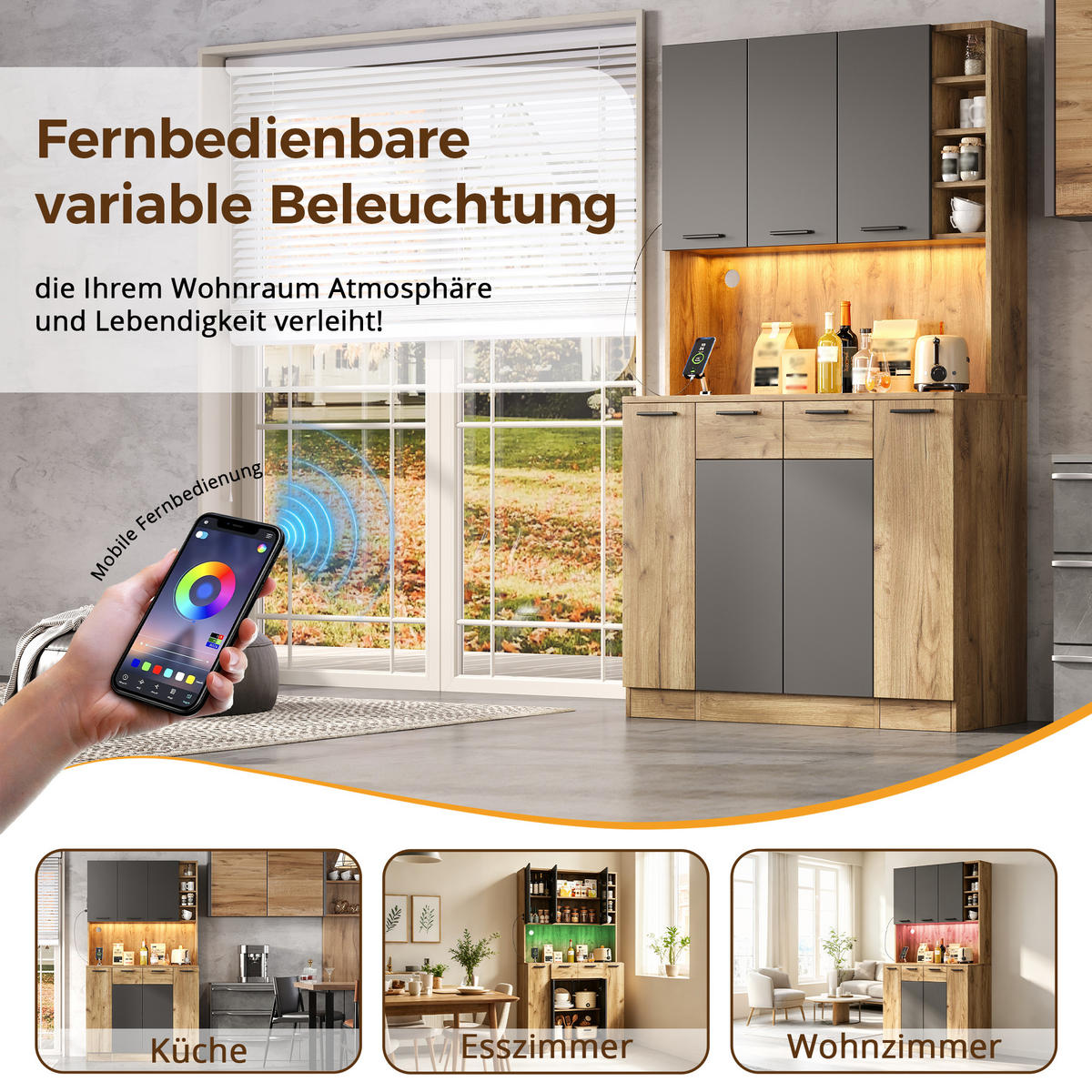 BUFFET DE-38704 100/40/180 cm LED-Beleuchtung und Steckdose Natur - Naturfarben, Holzwerkstoff (100/180/40cm) - ComfortXL