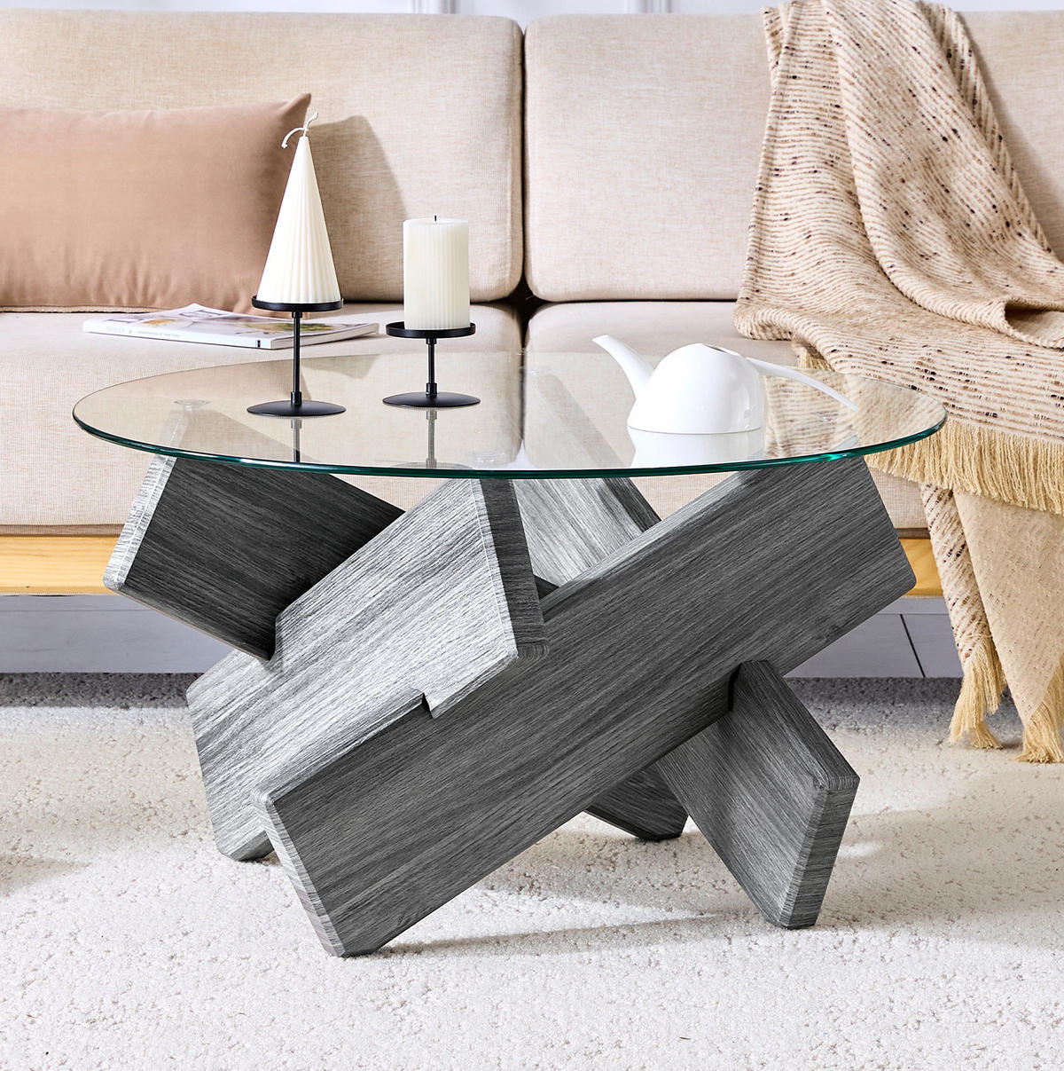 KLUBSKA miza, premer 79 cm, MDF/steklo siva transparentna - siva, leseni material (79/79/45cm) - BEAOK
