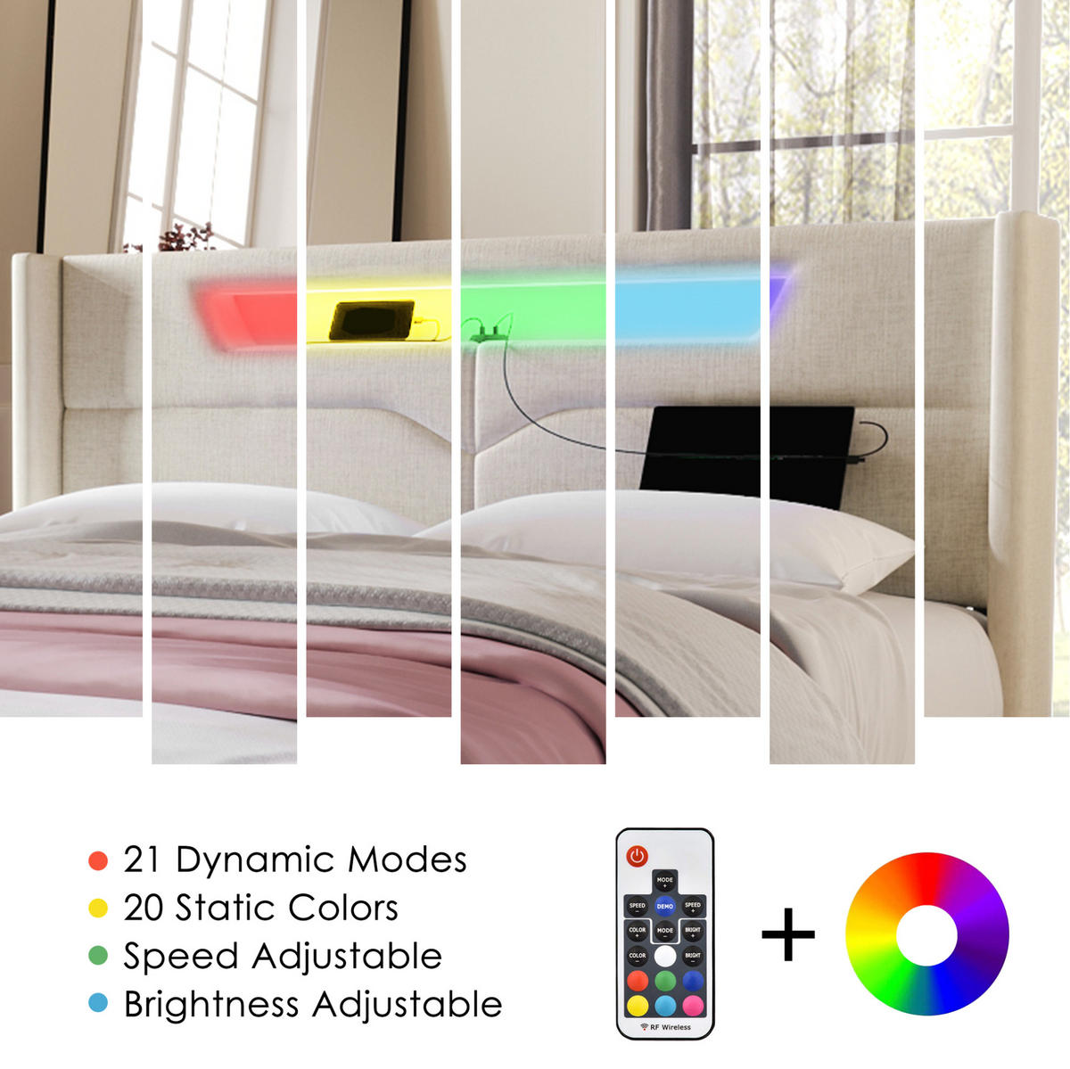 POLSTERBETT 160/200 cm mit LED-Beleuchtung, USB- und Type-C-Anschluss sowie Bettkasten, Beige - Beige, Textil (160/200cm) - Redom