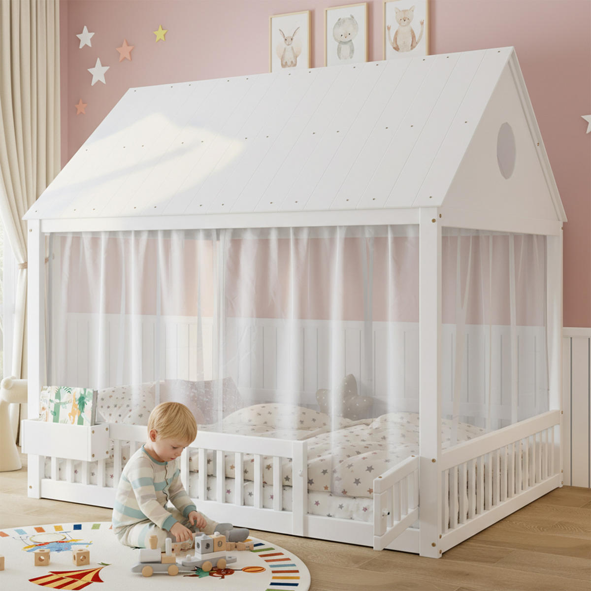KINDERBETT 140x200 cm Hausdesign Vorhang - Weiß, Holz (140/200cm) - LEBENLANG