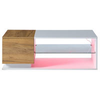 COUCHTISCH 105/50/36 cm mit LED-Beleuchtung, Stauraum, Hochglanz und Glasplatte, Weiß/Eichefarben - Weiß, Holzwerkstoff (105/50/36cm) - Redom