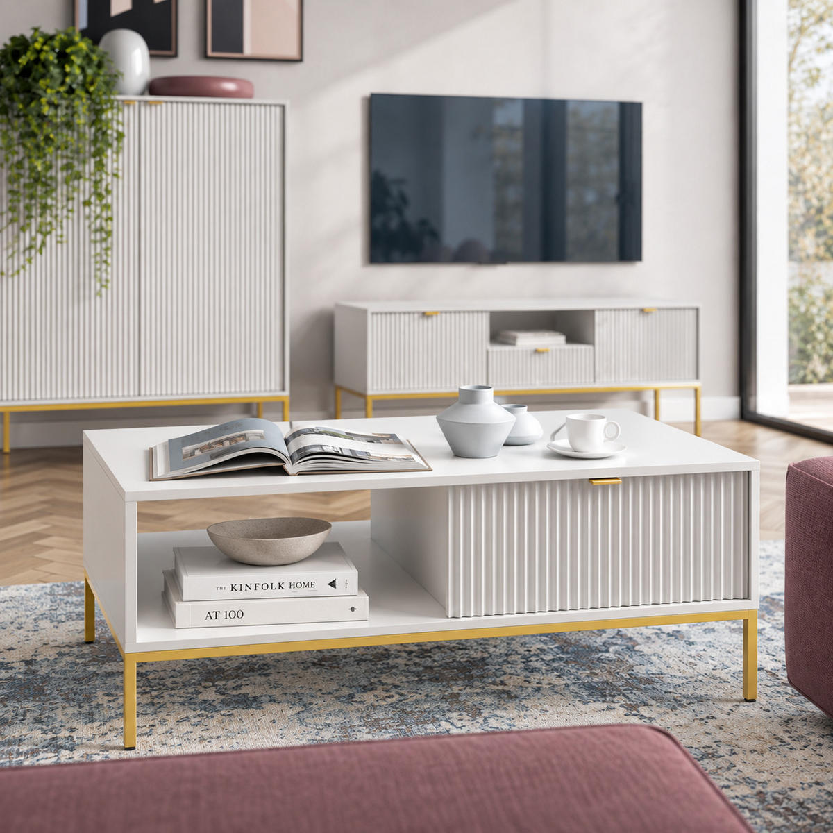 WEISSER Moderner Geriffelter Couchtisch KIOTO Ł2SZ (Gold Gestell, Vollauszug) - Kaschmir/Goldfarben, Holz/Holzwerkstoff (68/104/46cm) - Ravio