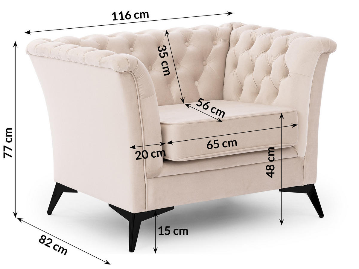 SITZGARNITUR 2+1 Chesterfield Whitby Beige Samt mit schwarzen Füßen - Beige/Schwarz, Holz/Textil (175/78/82cm) - S-Style Möbel