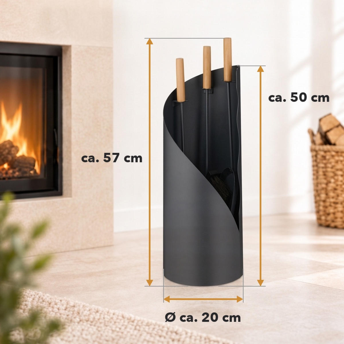 KAMINBESTECK Grau Natur 4-teiliges-Set mit Ständer - Grau, Holz/Metall (20/57/20cm) - Relaxdays