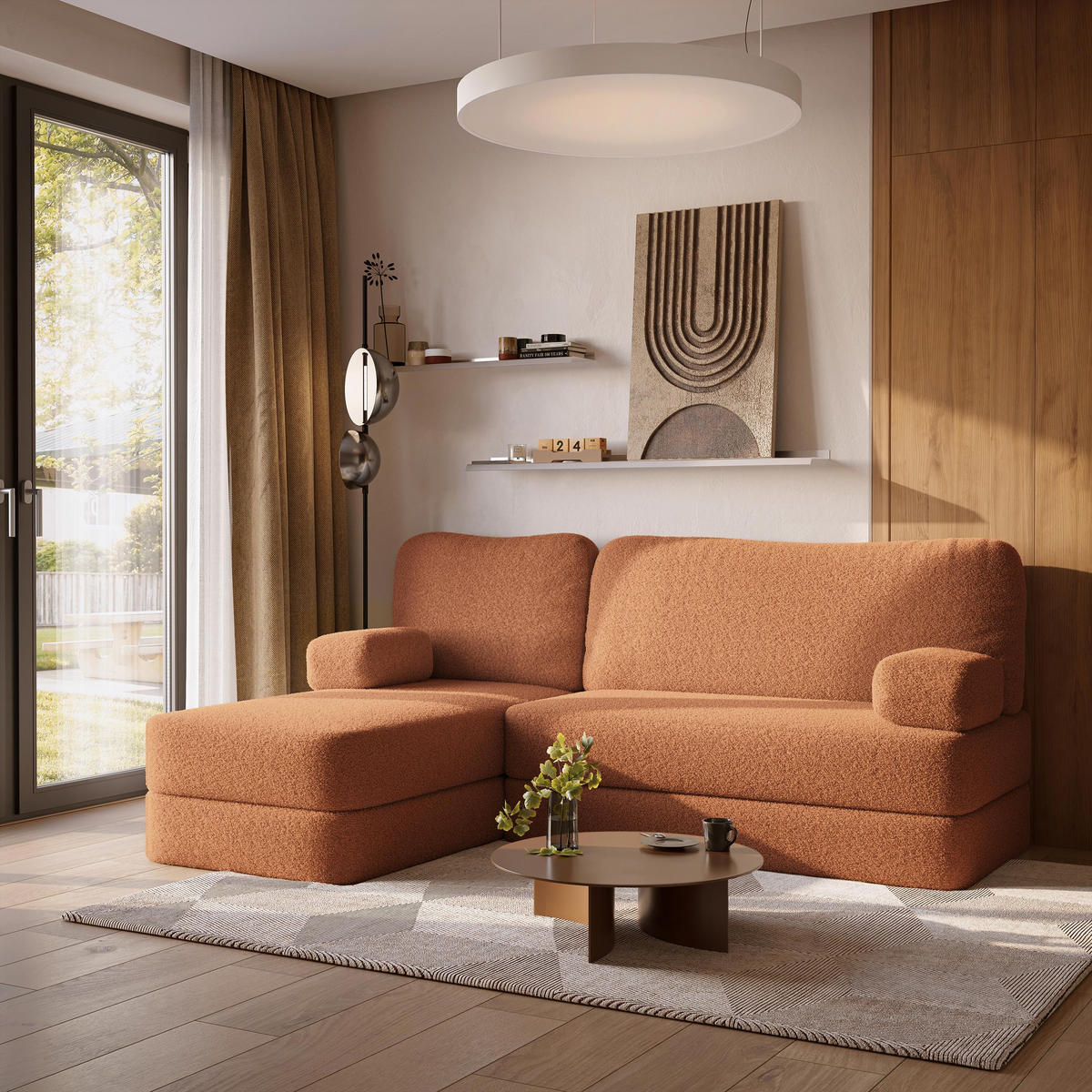 ECKSOFA SABI modulares Boneless Sofa mit Schlaffunktion Orange Boucle-Stoff - Orange, Textil (200/120cm) - MASSENO