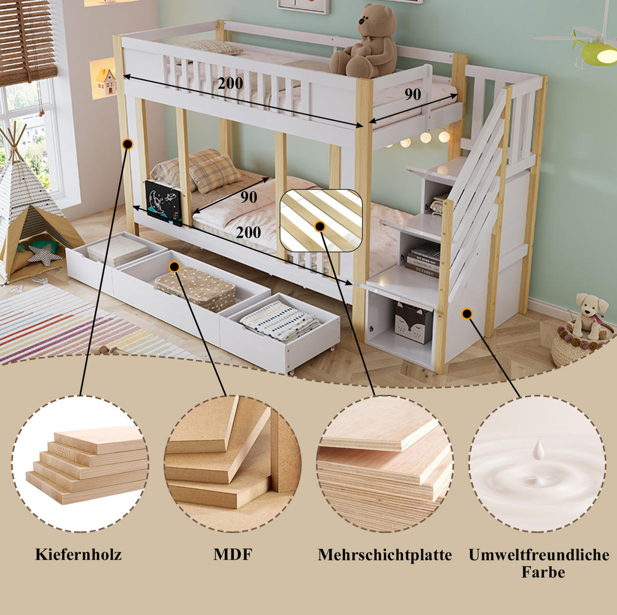 ETAGENBETT 90/200 cm in Weiß/Natur mit Treppenschrank und 3 Schubladen - Weiß, Holzwerkstoff - BEAOK