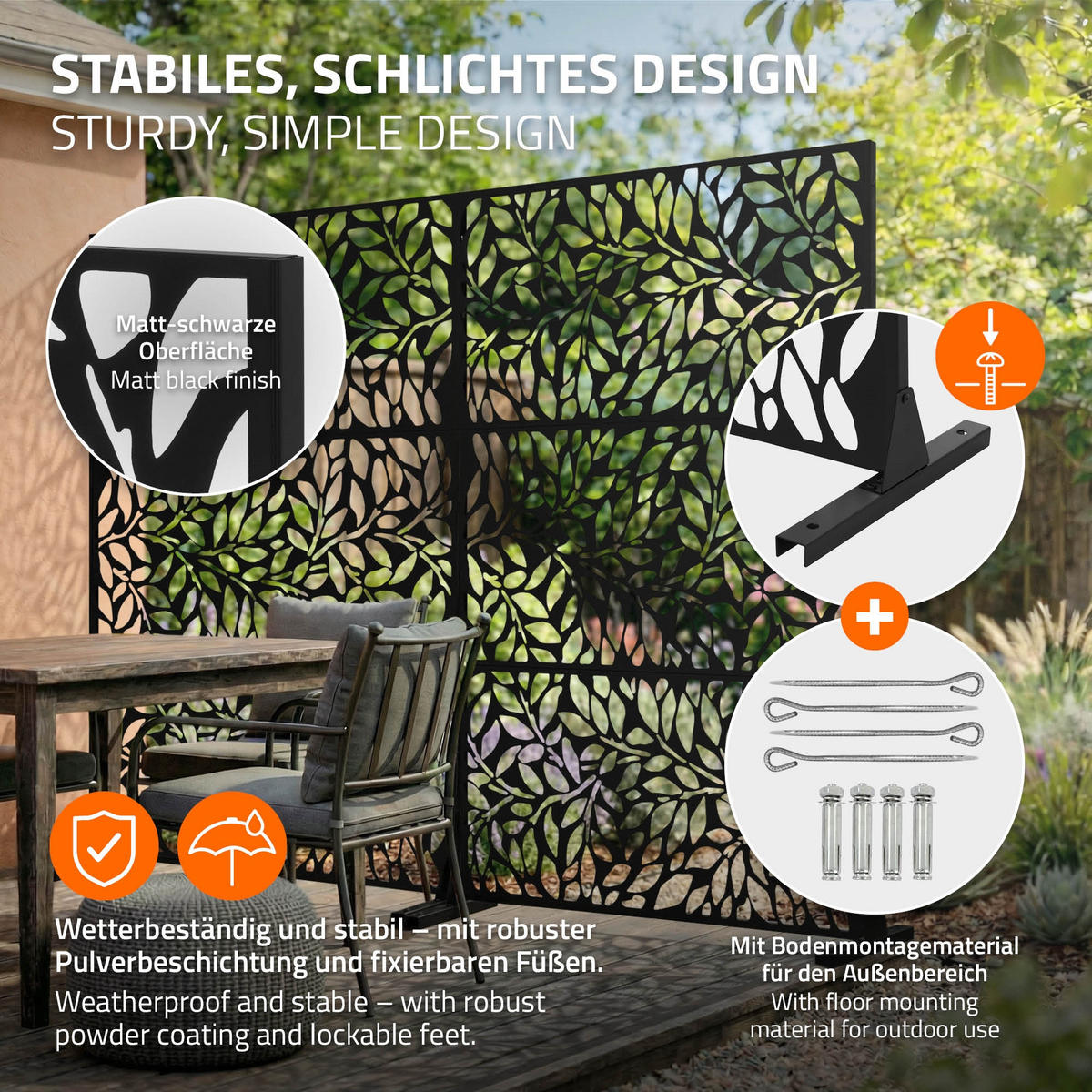 METALL-SICHTSCHUTZ Firenze 120x180 cm Schwarz aus Stahl - Schwarz, Metall (120/183cm) - ML-DESIGN