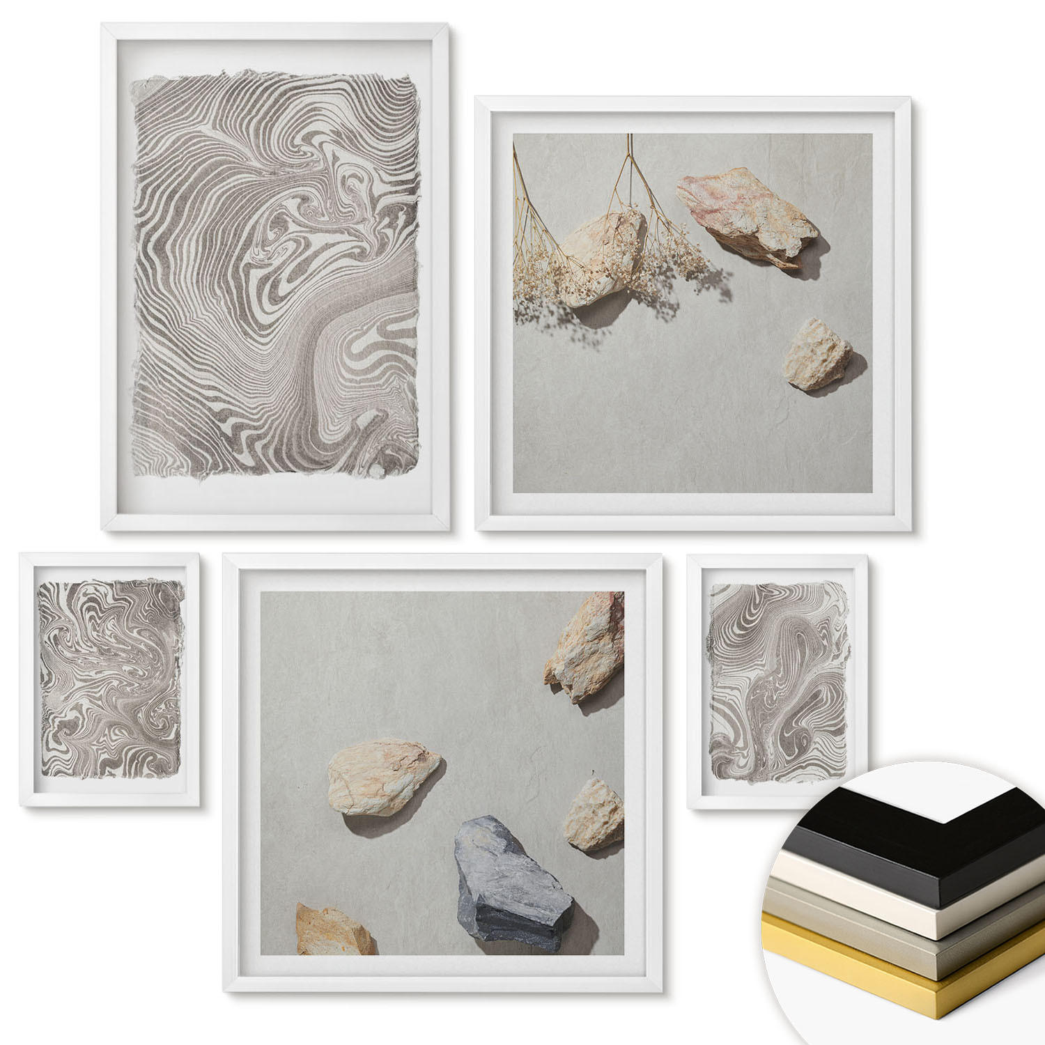 WANDBILDER 5er-Set - 50x50 cm & 20x30 cm & 40x60 cm Weißer Rahmen - Moderne abstrakte Formen - Weiß, Kunststoff (40/60cm) - ArtPrintCave