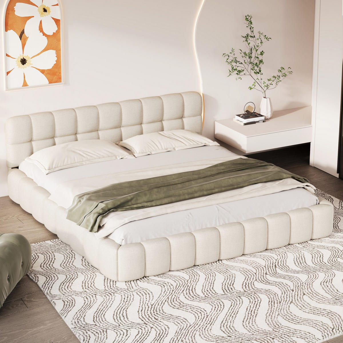 POLSTERBETT 160x200 cm Fleur Soft mit Blumenrand-Design und weicher Rückenlehne, Leinen-Optik Beige - Beige, Textil (160/200cm) - DELFA