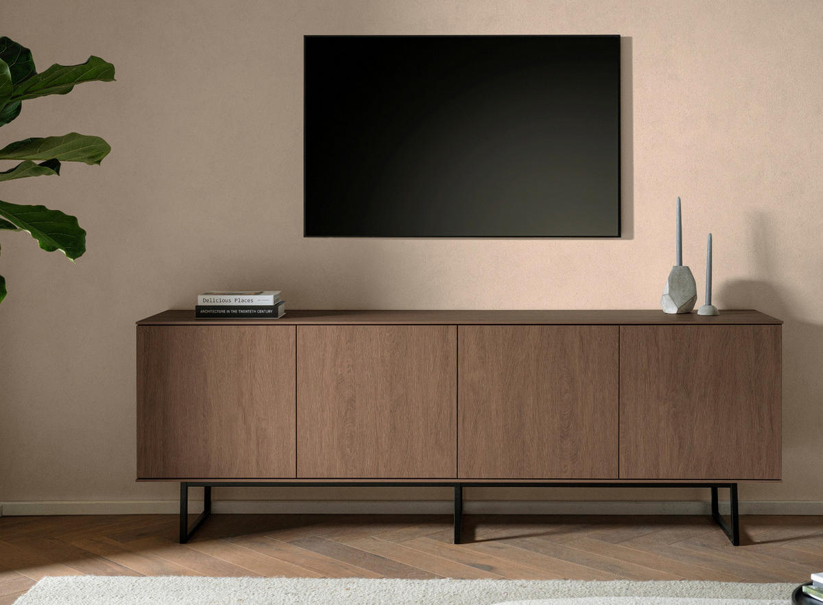 TV-LOWBOARD Nussbaum 200 x 70 cm, TV Unterteil mit Push-to-Open und Komforthöhe - Nussbaumfarben/Schwarz, Holzwerkstoff/Metall (200/70/40cm) - Furn.Design