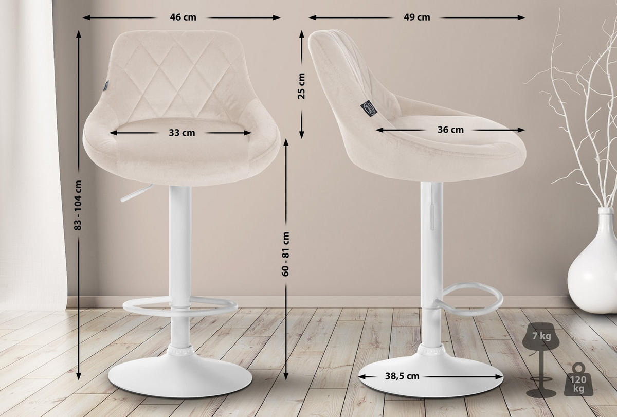 BARHOCKER 2er Set Samt creme - Creme/Weiß, Textil/Metall (46/83/49cm) - CLP