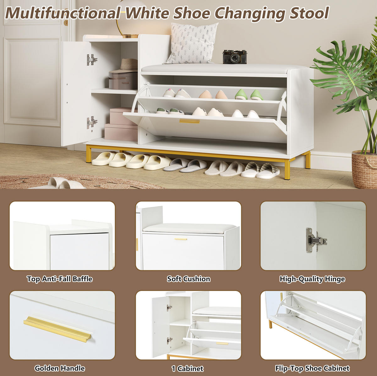 SCHUHSCHRANK 100/68/38 cm Weiß/Gold aus Spanplatte und Metall mit Sitzkissen - Weiß, Holzwerkstoff (100/68/38cm) - OKMYHOME
