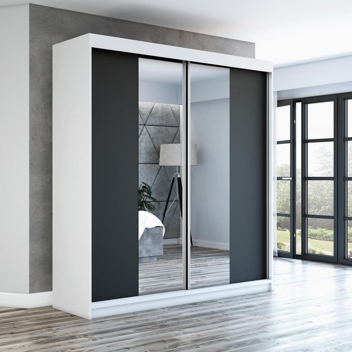 SCHWEBETÜRENSCHRANK 160 CM NEO Farbe: Weiß / schwarz / schwarz - Schwarz/Weiß, Holzwerkstoff (160/215/59.5cm) - A&J MöbelLand