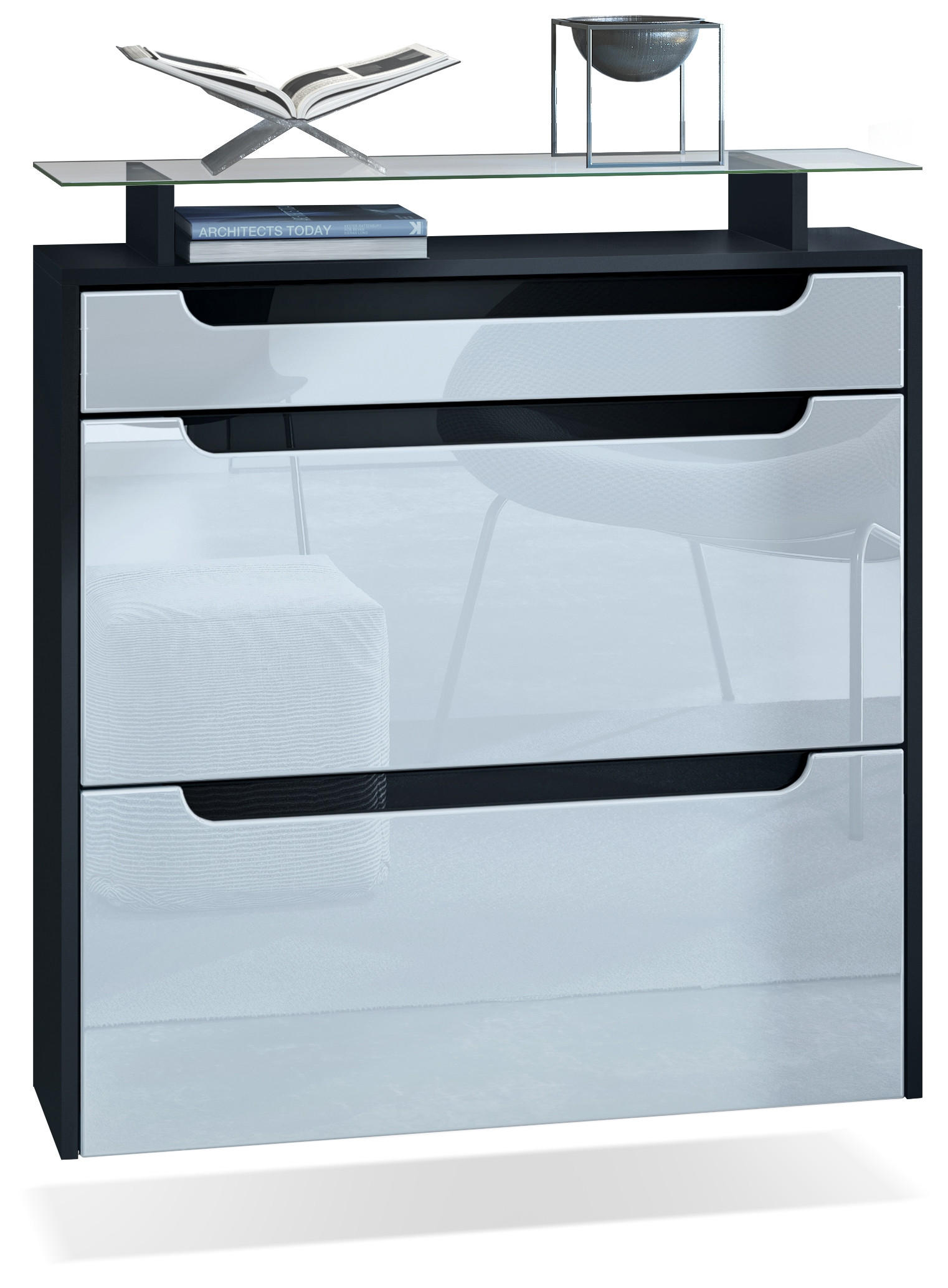 Vladon Schuhschrank Weiß Hochglanz, Schwarz Hochglanz 89x96x23 cm