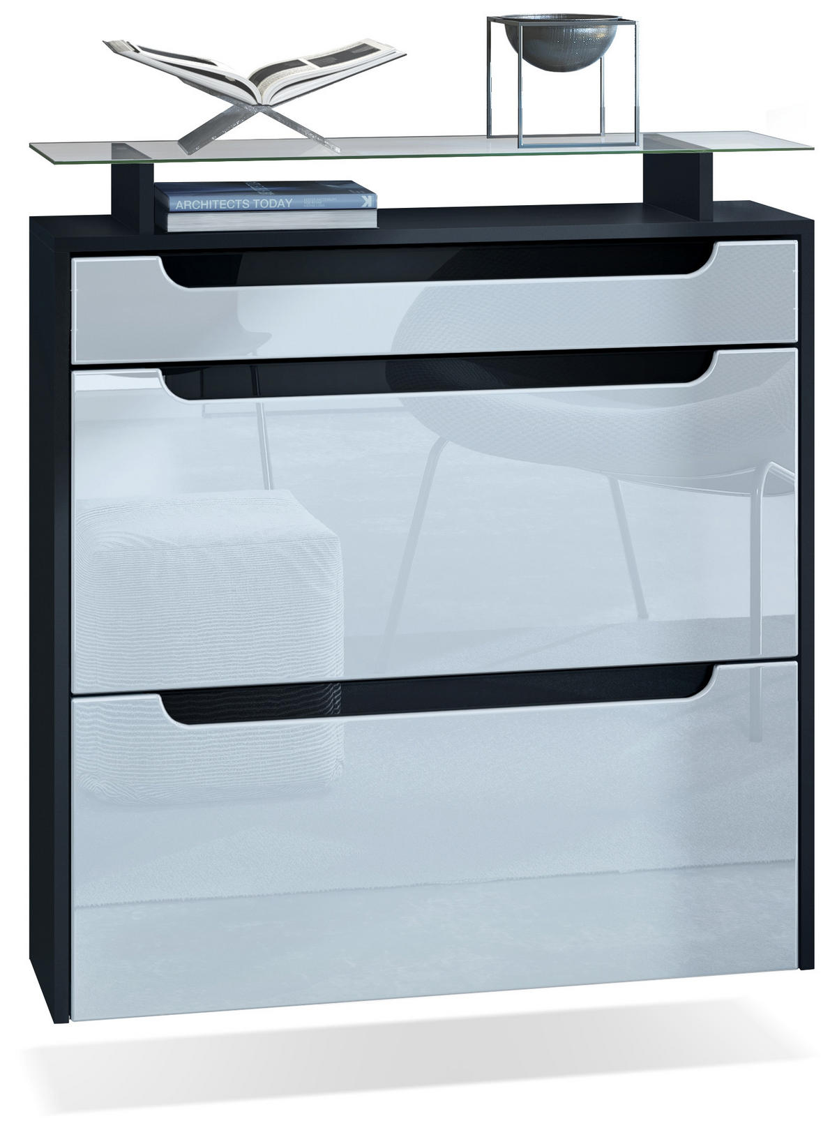 SCHUHSCHRANK Annie Weiß Hochglanz / Schwarz Hochglanz - Schwarz Hochglanz/Weiß Hochglanz, Holzwerkstoff (89/96/23cm) - Vladon