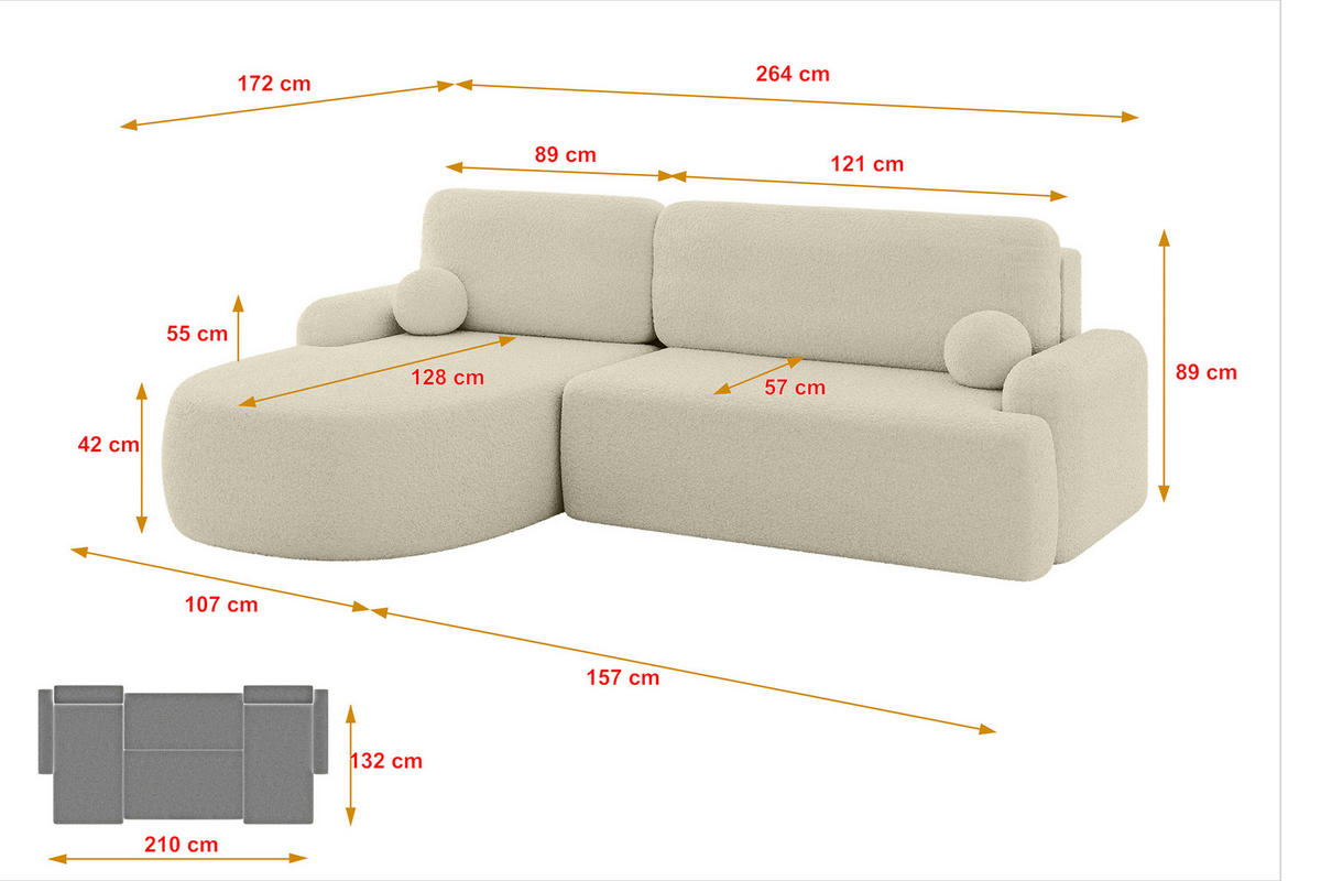 ECKSOFA mit Schlaffunktion und Bettkasten LIRA-L - 264x172x89 Beige - Beige, Holzwerkstoff/Textil (264/172cm) - ALTDECOR