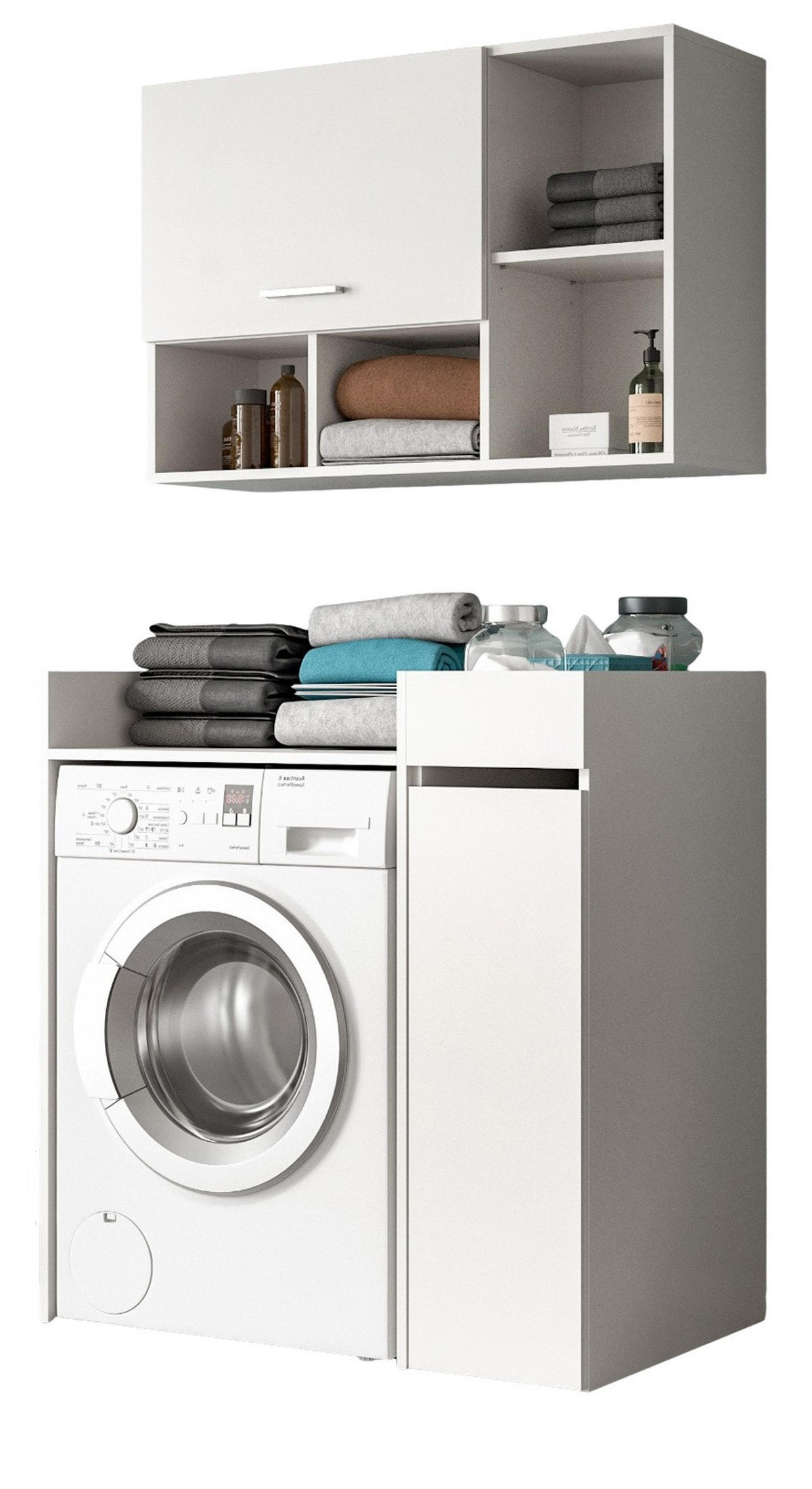 WASCHMASCHINENSCHRANK weiß Set 3-teilig 95 x 195 cm, Waschmaschinenumbau mit Stauraum - Silberfarben/Weiß, Glas/Holzwerkstoff (95/195/60cm) - Inn.Furn