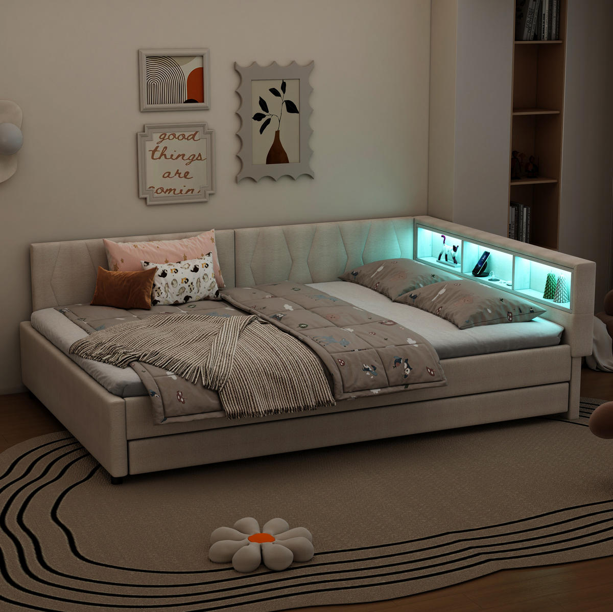 BETT 140/200 cm mit Kopfteil, USB-C und LED – inkl. Lattenrost, Beige - Beige, Textil (140/200cm) - BEAOK