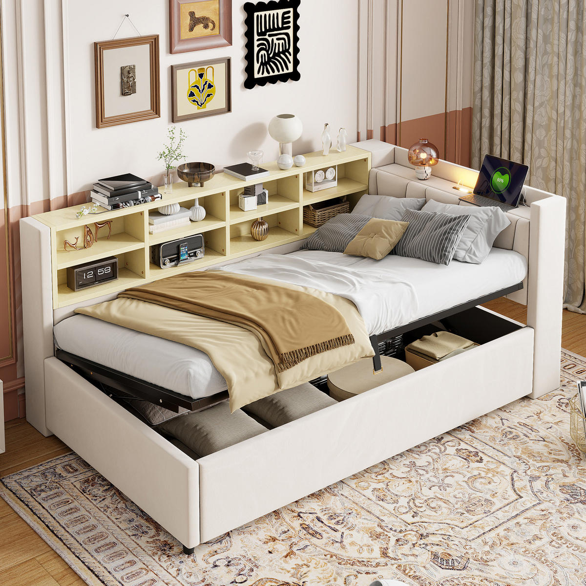 POLSTERBETT 90/200 cm in Beige mit Stauraum und USB- und Type-C-Anschlüssen - Beige, Textil (90/200cm) - Flora Grace