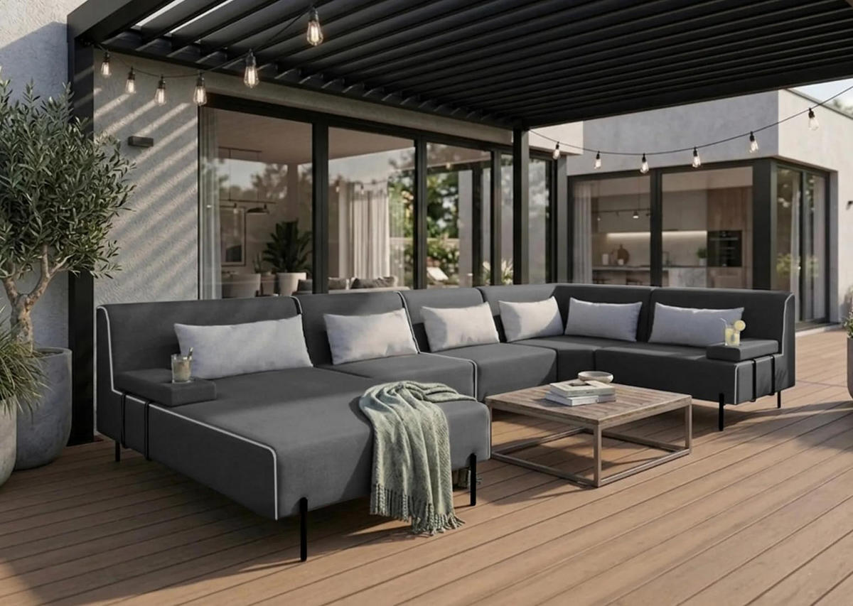 GARTENSOFA BORNEO XL Wetterfest 370x222x86 cm, Rechts, Solide Konstruktion, HR-Schaumfüllung, Wetterfeste Bezugstoff, Dunkelgrau - Dunkelgrau, Holz/Metall (370/86/222cm) - Trada