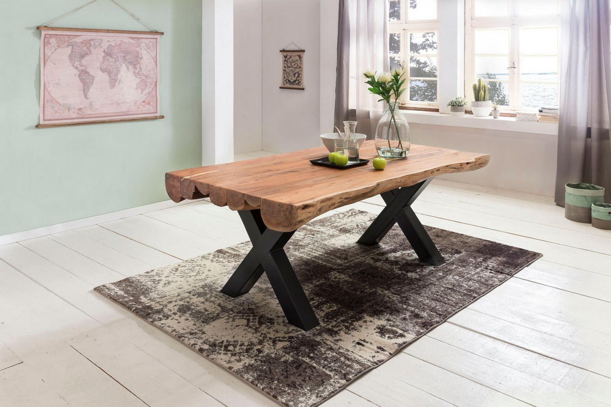 ESSZIMMERTISCH – Akazie Massivholz 200x100x77 cm X-Gestell Natur Schwarz - Beige/Schwarz, Holz/Metall (200/100/77cm) - KADIMA DESIGN