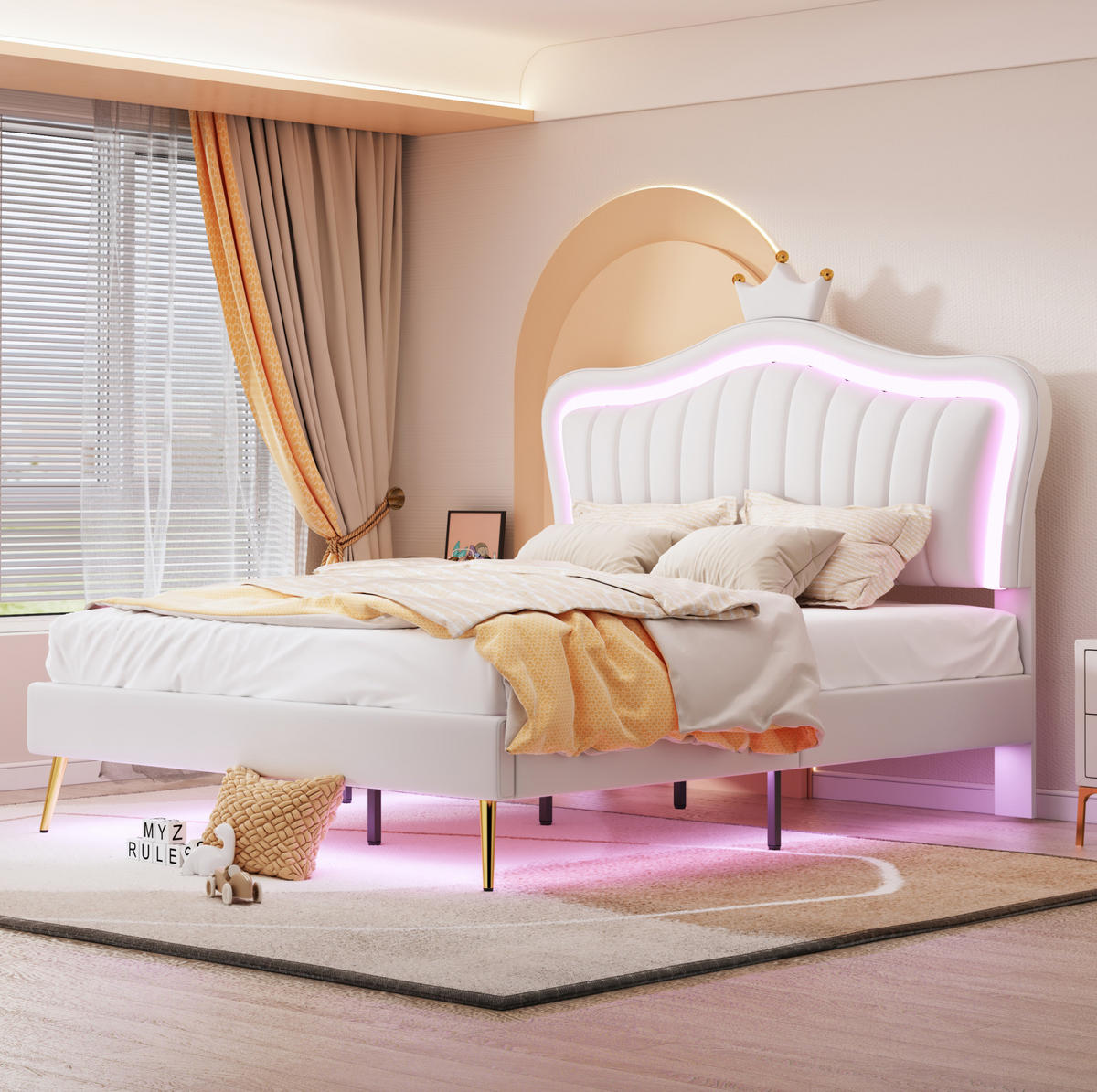 KINDERBETT 140/200 cm mit LED-Beleuchtung, verstellbarem Kopfteil und Muschel-Kronen-Design, Weiß - Weiß, Textil (140/200cm) - Redom