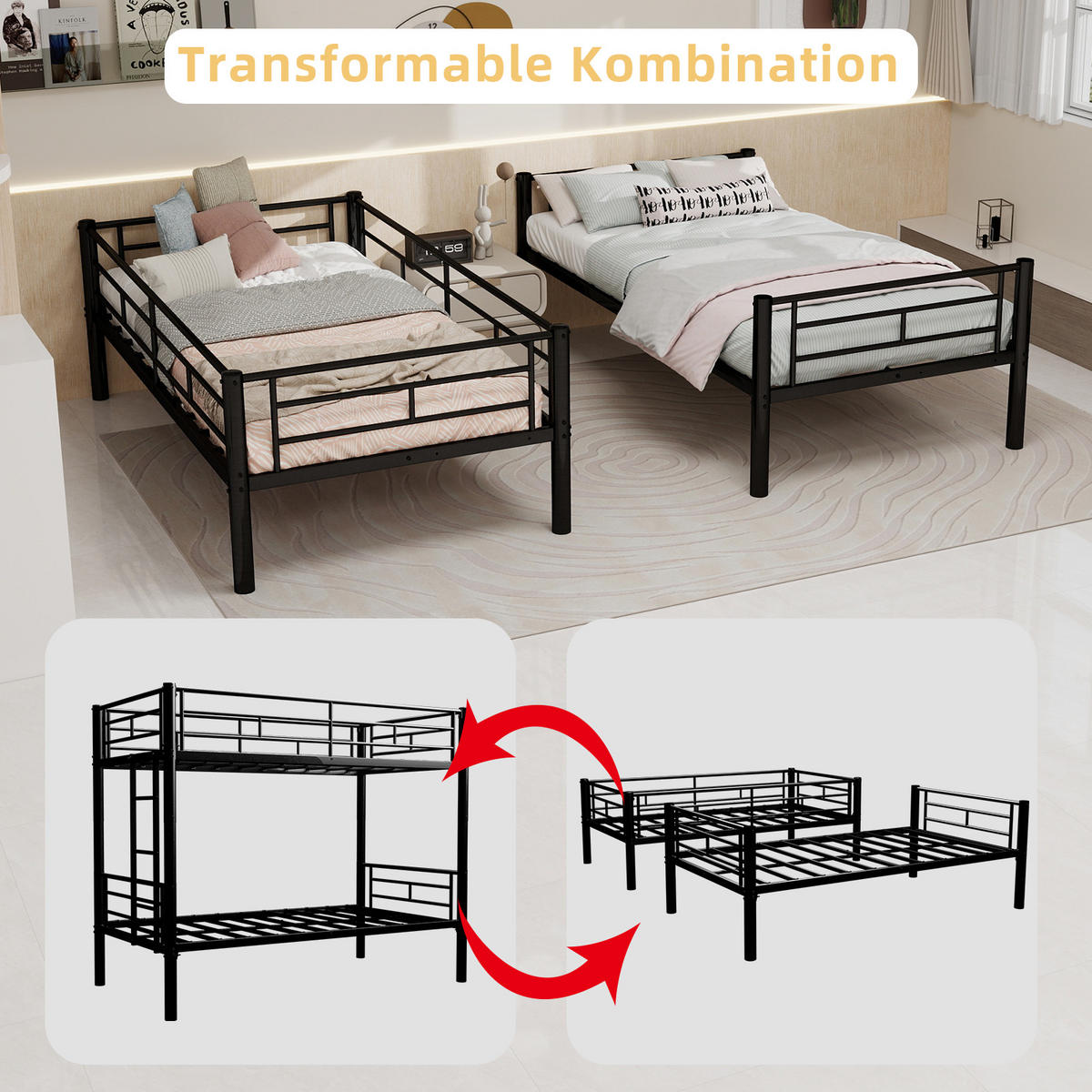 ETAGENBETT Metall Schwarz Twin über Twin - Schwarz, Metall (90/190cm) - ComfortXL