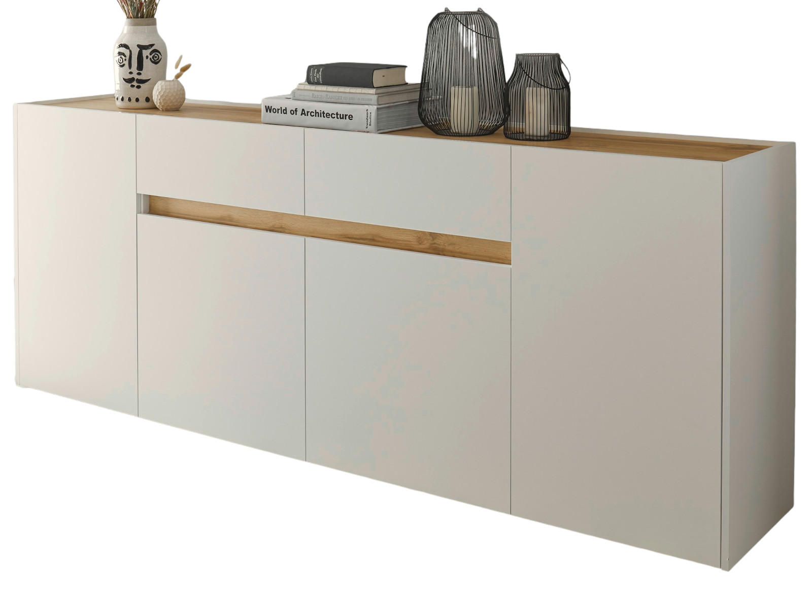 SIDEBOARD weiß, Eiche Wotan 220 cm, Kommode mit 8 Fächern - Eiche Wotan/Schwarz, Holz/Holzwerkstoff (220/87/40cm) - Furn.Design